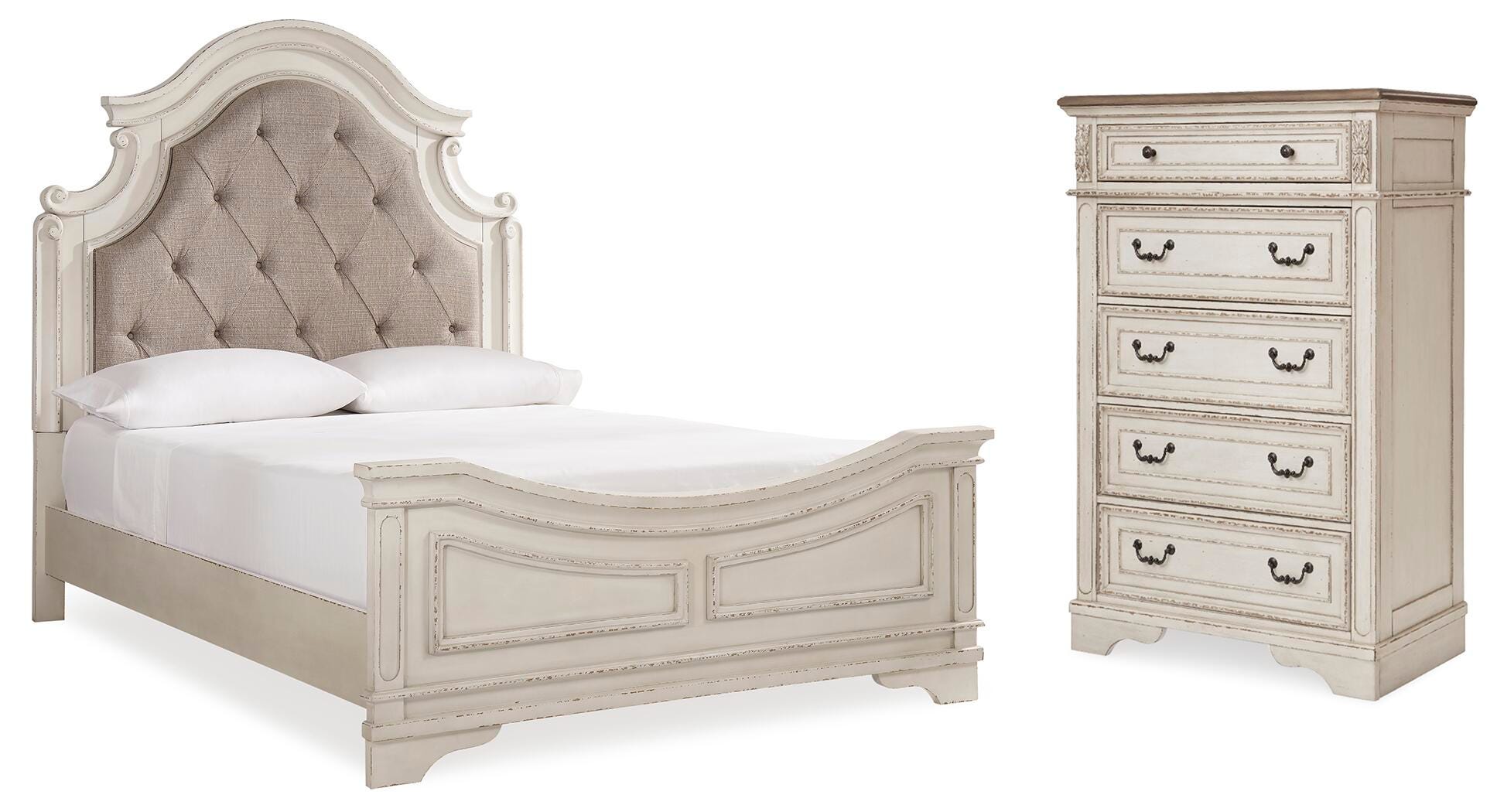 Cama tapizada con panel Realyn Queen y cómoda - image 1