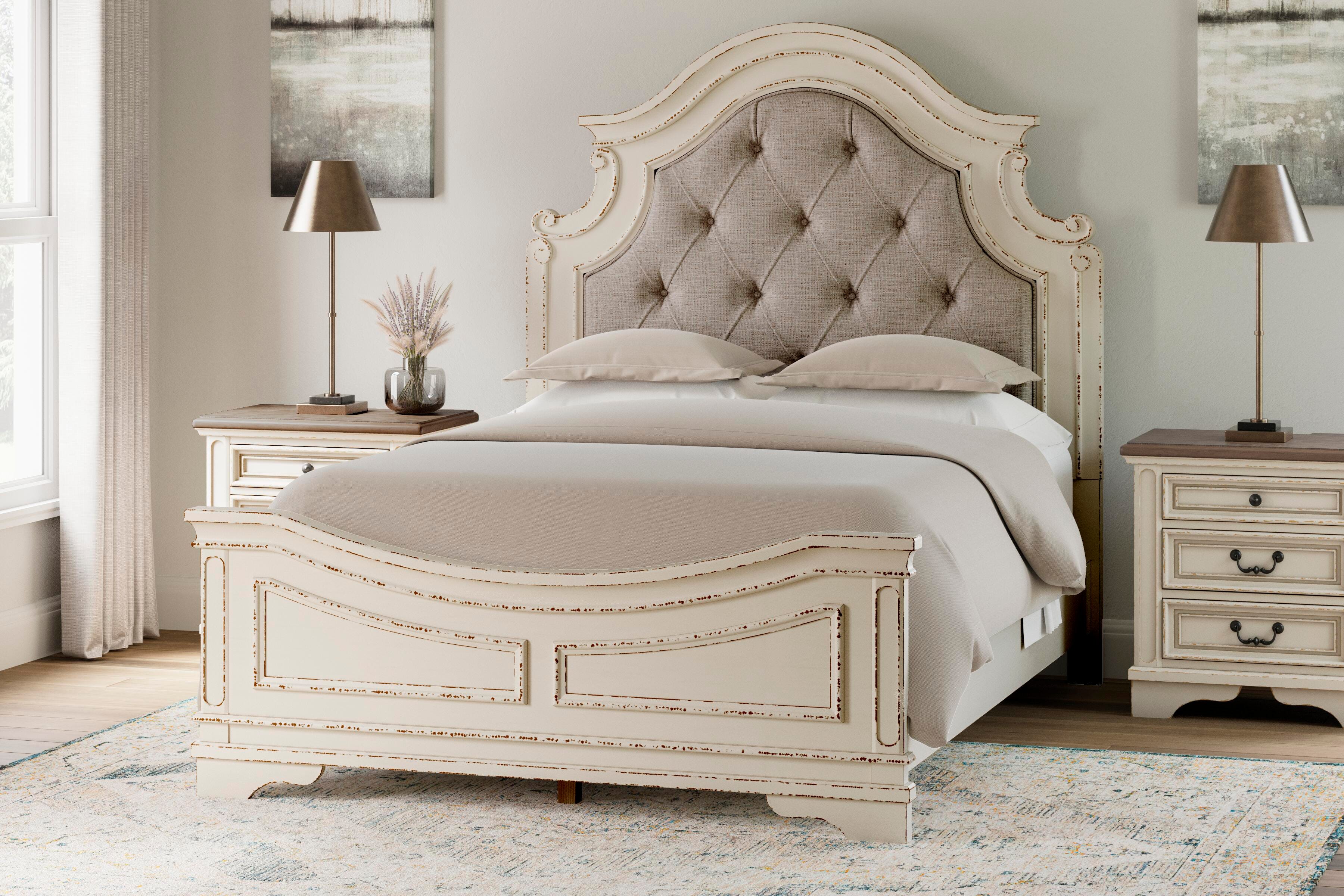 Realyn Queen Upholstered Panel Bed, Chipped White, rollover
