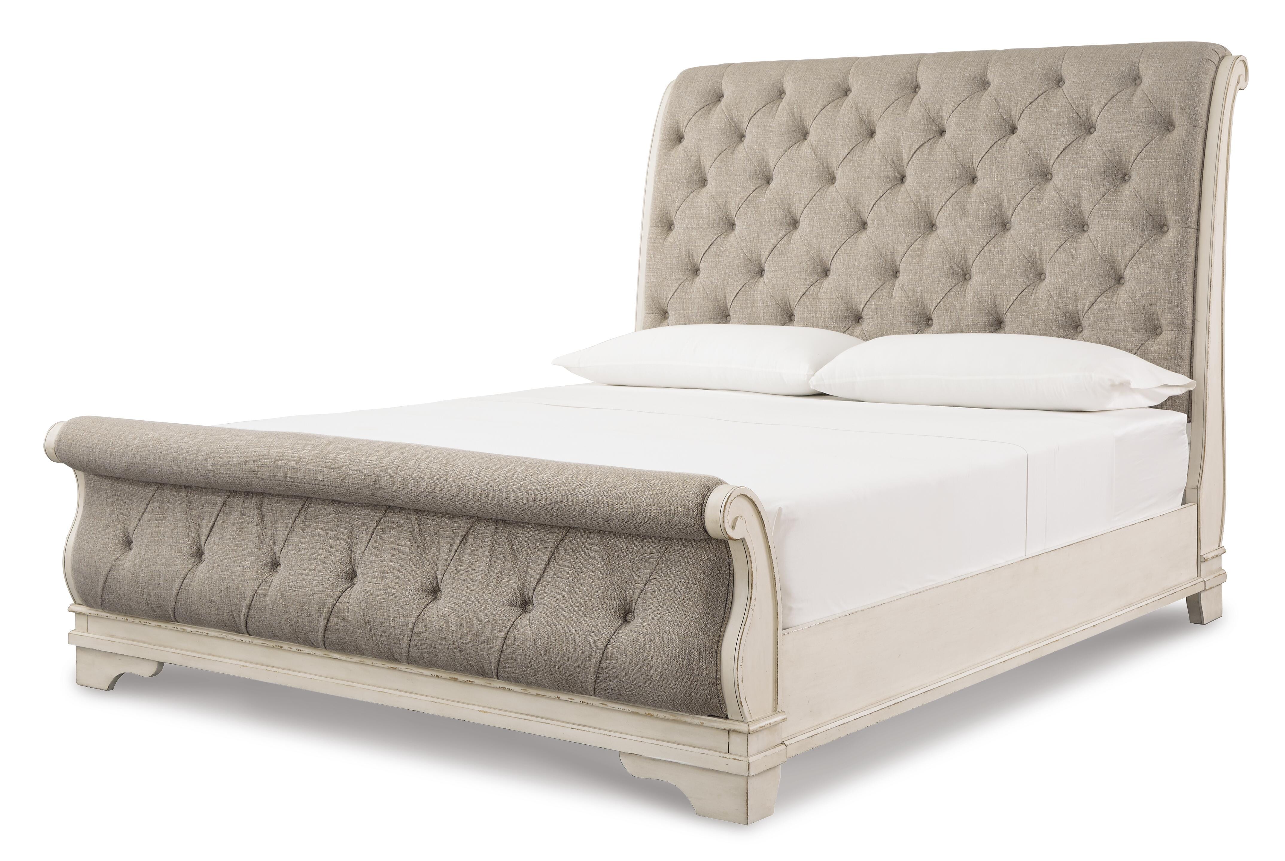 Realyn Queen Sleigh Bed with Mirrored Dresser, Chipped White, large
