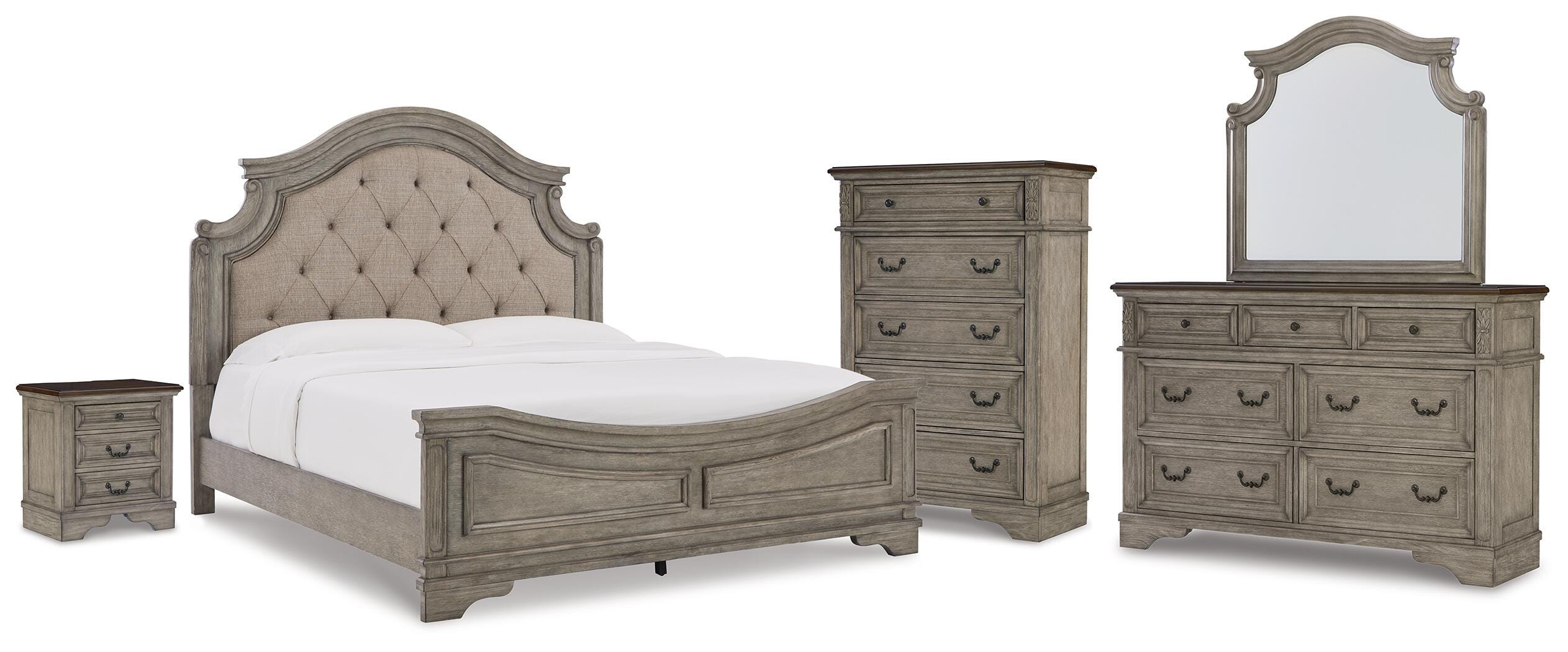 Cama con paneles tapizados King Lodenbay, tocador, espejo, cómoda y mesita de noche - image 1
