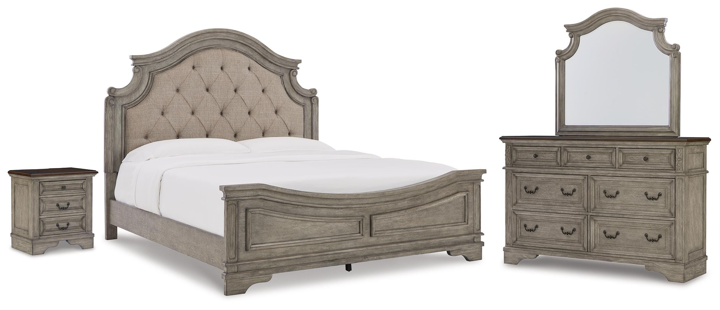 Cama Lodenbay King tapizada, cómoda, espejo y mesita de noche - image 1