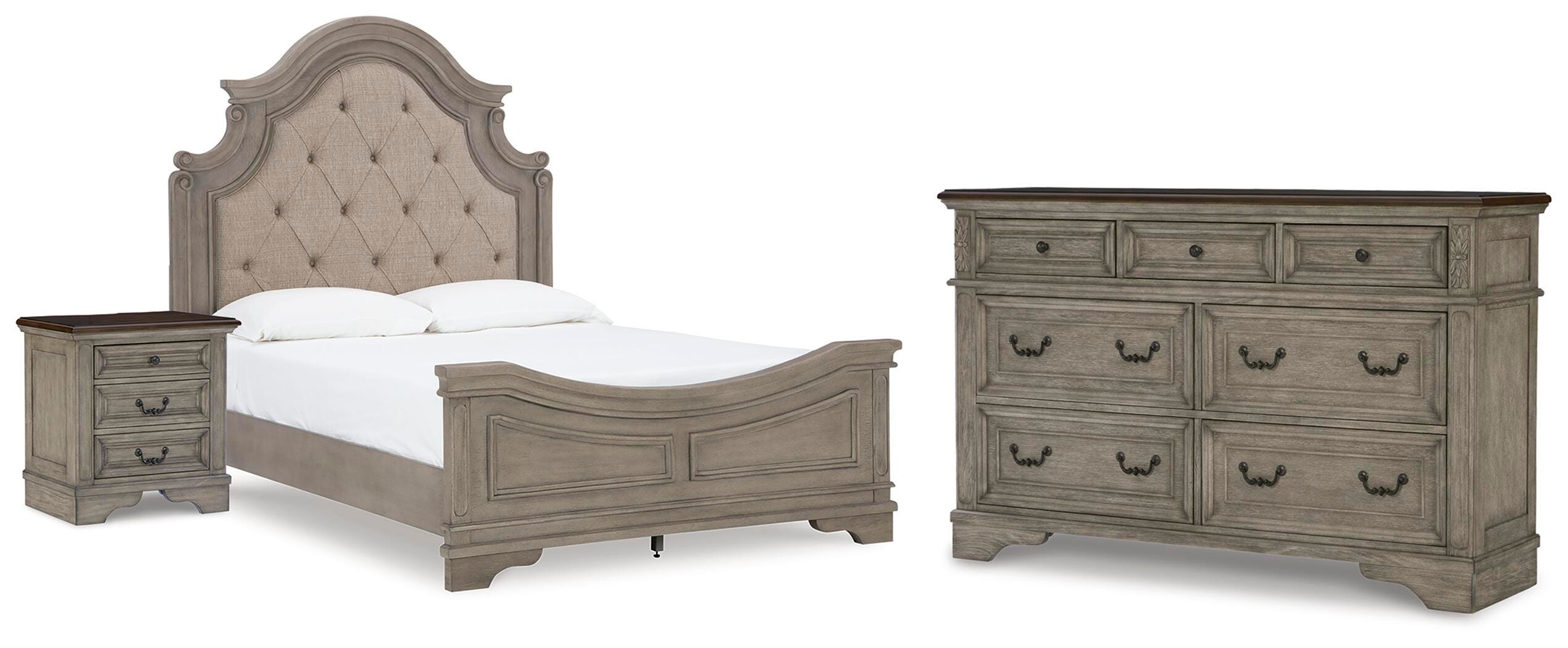 Cama panel tapizada Queen, cómoda y mesita de noche Lodenbay - image 1