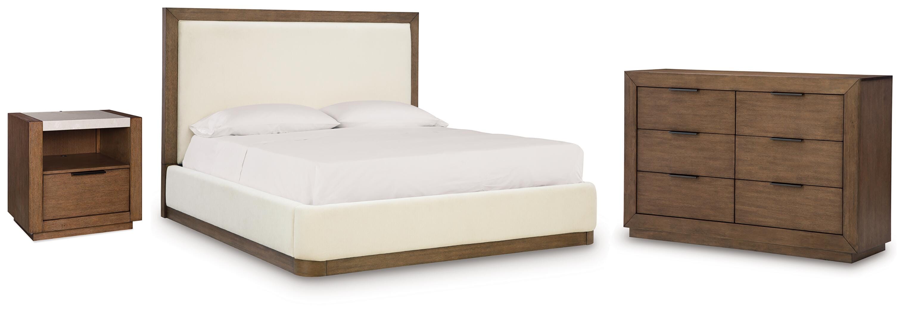 Hennington Queen Upholstered Bed, Dresser and Nightstand, Medium Brown