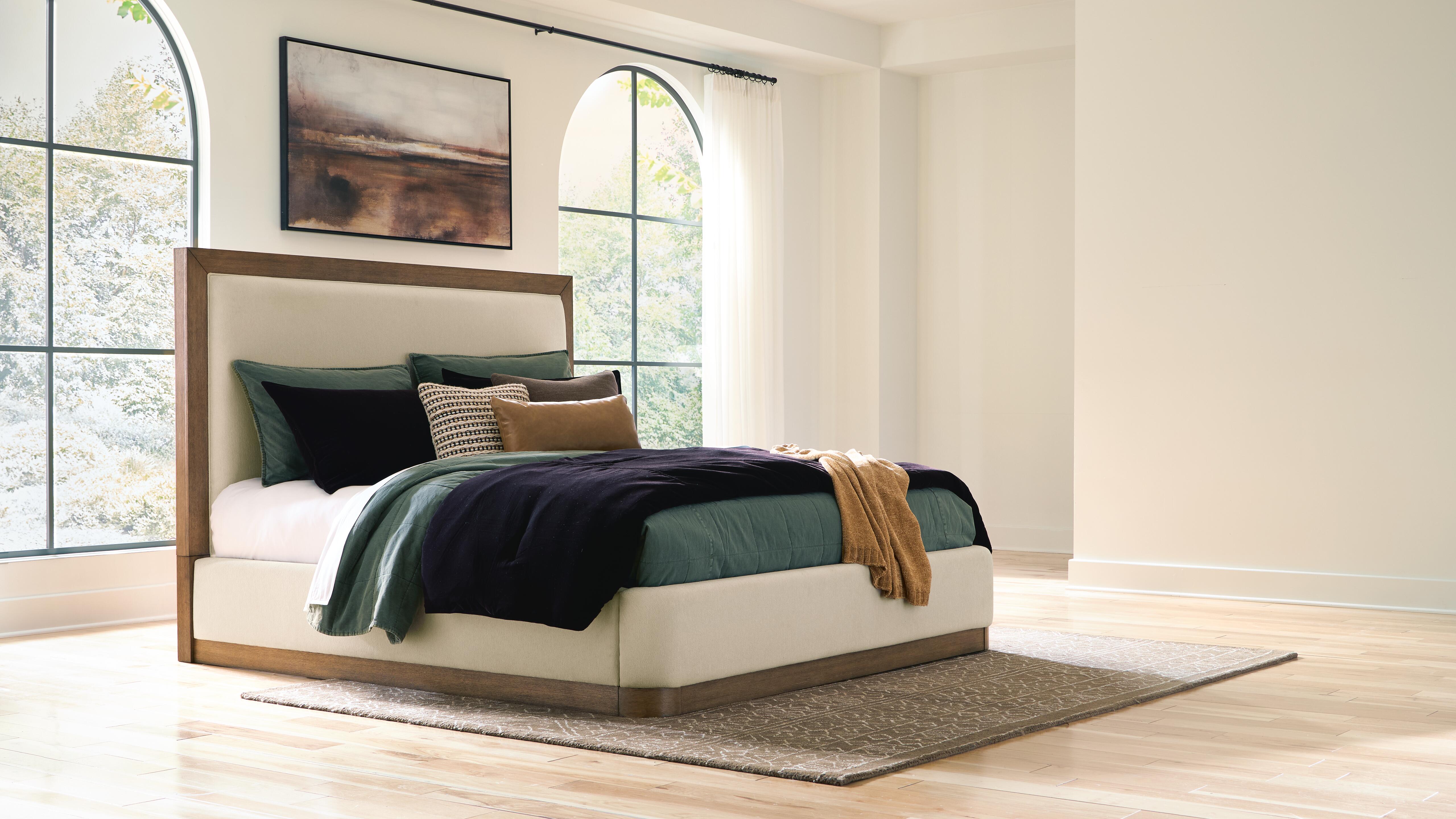 Hennington Queen Upholstered Bed, Dresser and Nightstand, Medium Brown, large
