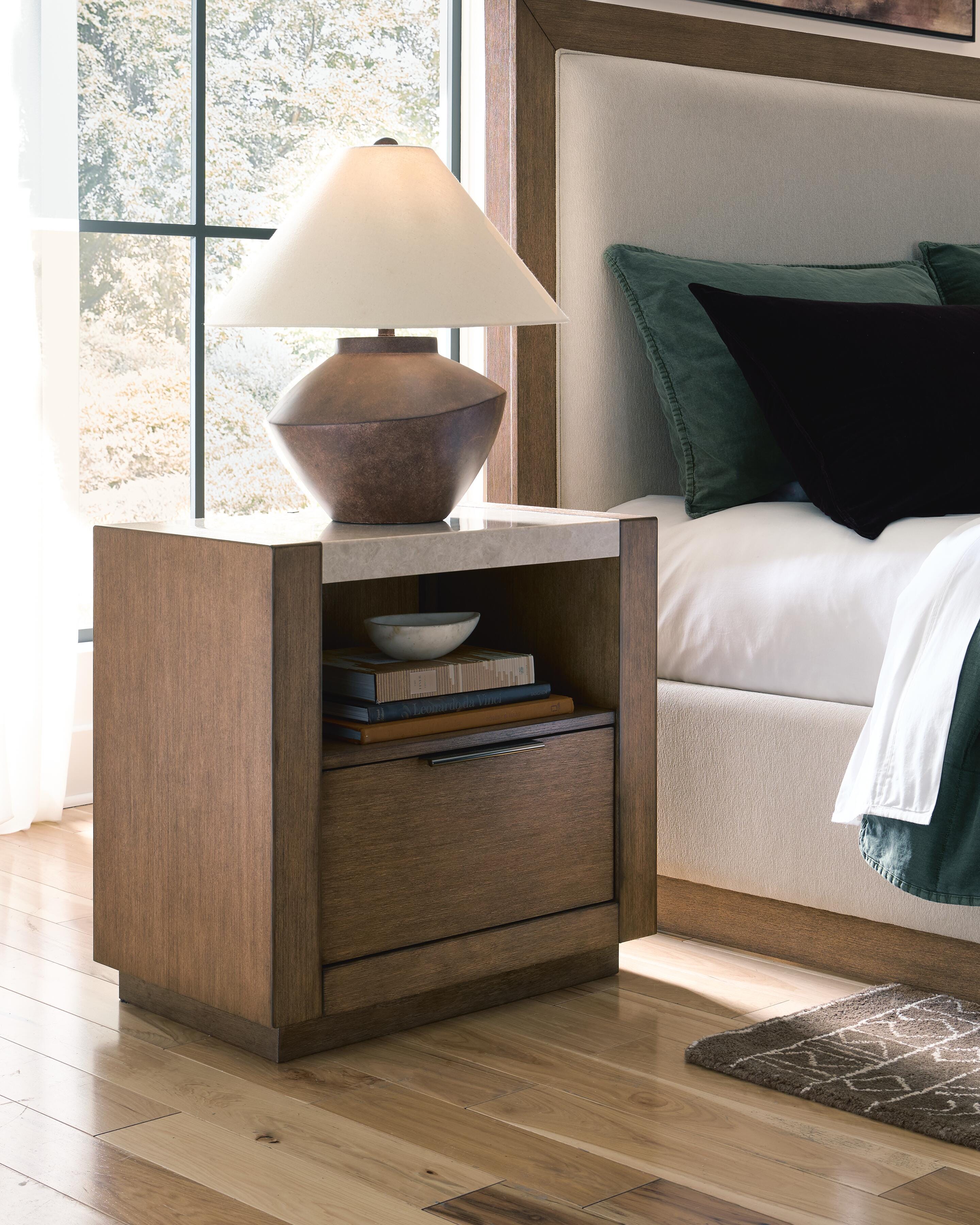 Hennington Queen Upholstered Bed, Dresser and Nightstand, Medium Brown, large