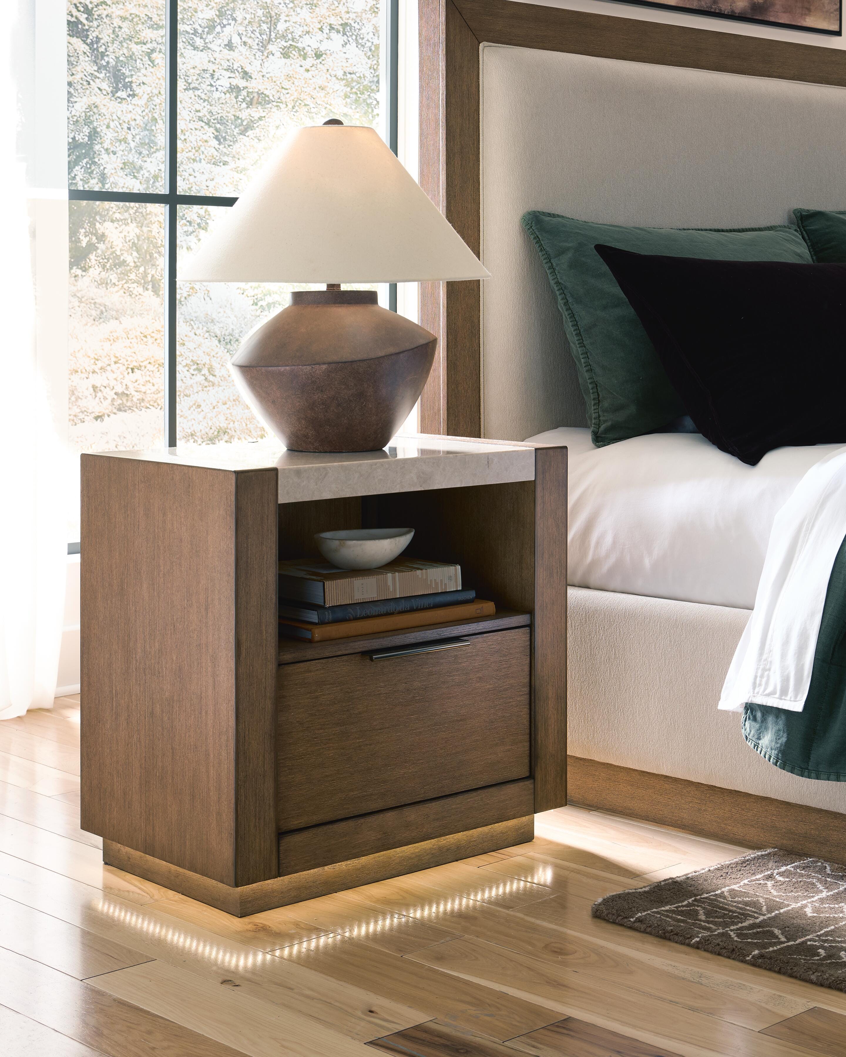 Hennington Queen Upholstered Bed, Dresser and Nightstand, Medium Brown, large