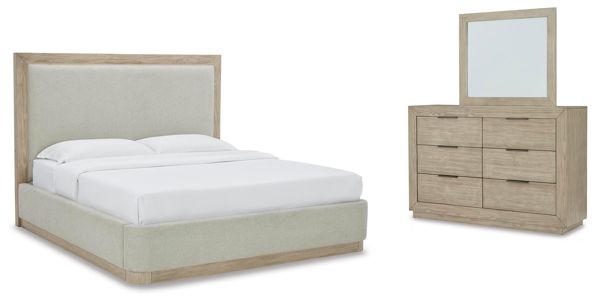 Hennington King Upholstered Bed, Dresser and Mirror - image 1