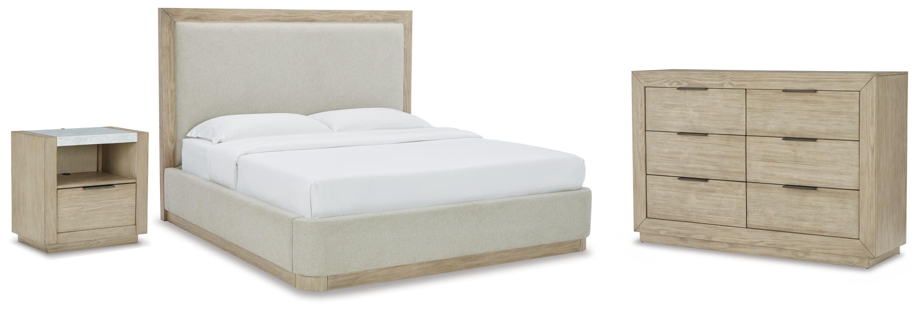 Hennington King Upholstered Bed, Dresser and Nightstand, Bisque