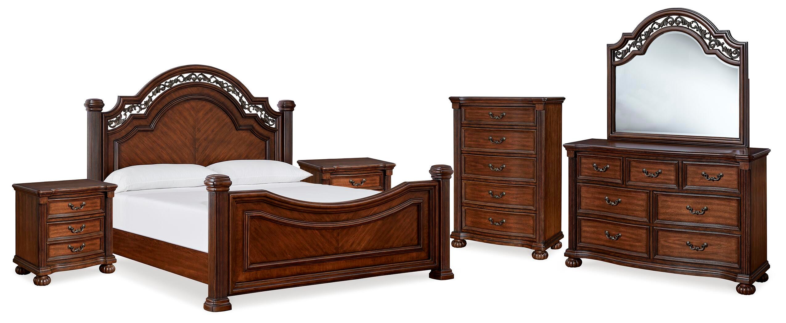 Lavinton California King Poster Bed with Mirrored Dresser, Chest and 2 Nightstands, Brown, large