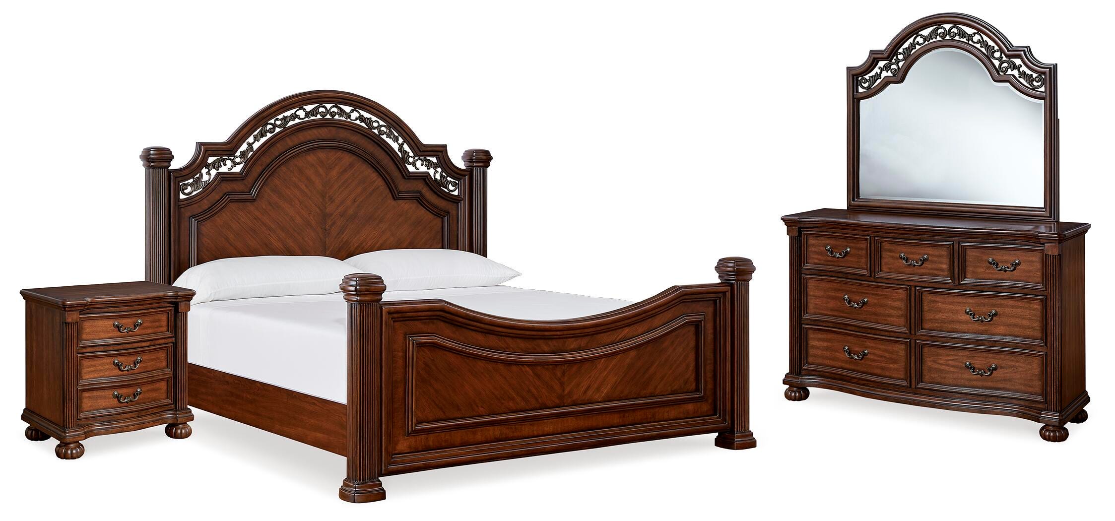 Lavinton California King Poster Bed with Mirrored Dresser and Nightstand, Brown, large