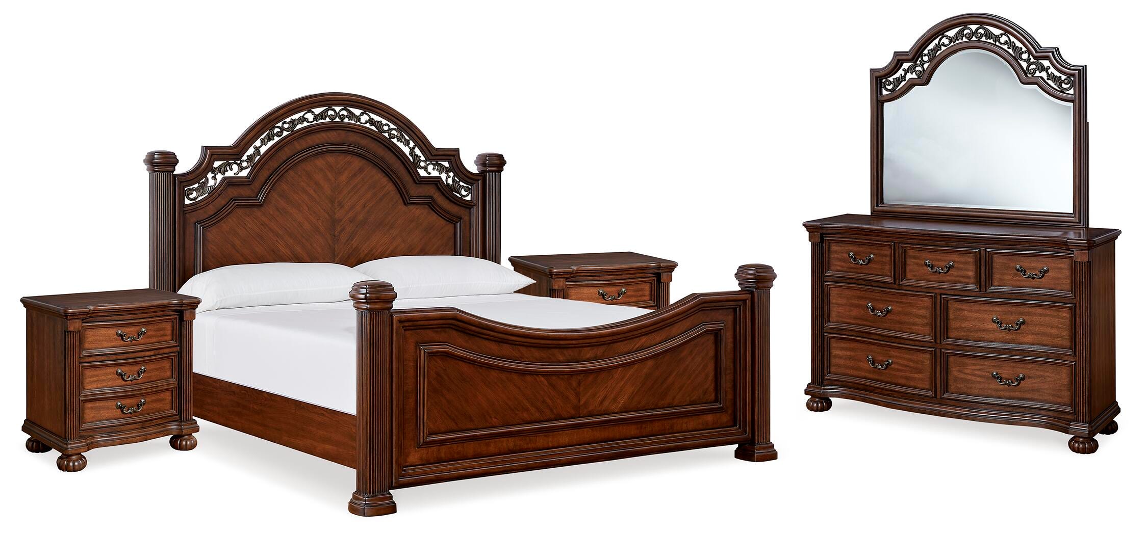 Lavinton King Poster Bed with Mirrored Dresser and Nightstand, Brown, large