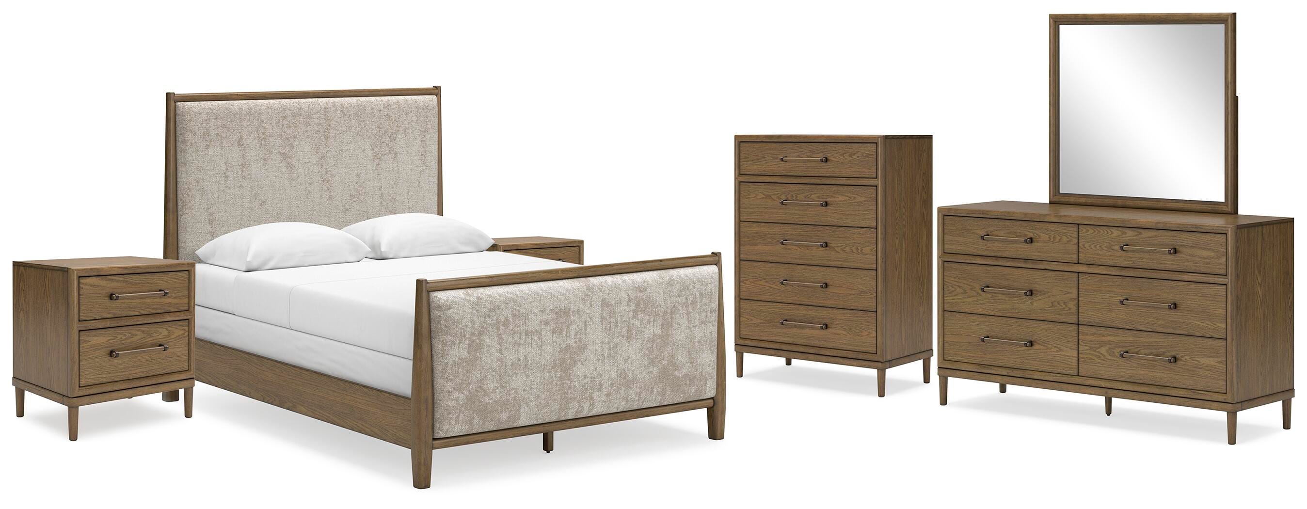 Roanhowe Queen Upholstered Bed with Mirrored Dresser, Chest and 2 Nightstands, Brown, rollover