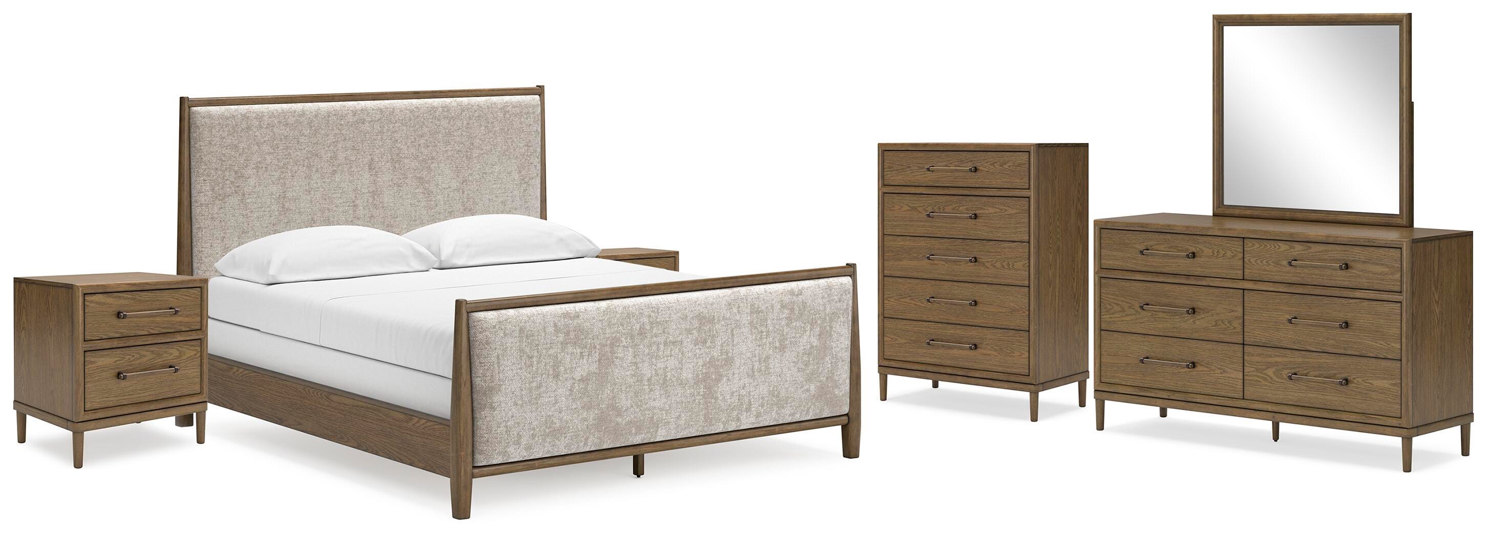 Roanhowe California King Upholstered Bed with Mirrored Dresser, Chest and 2 Nightstands, Brown, large