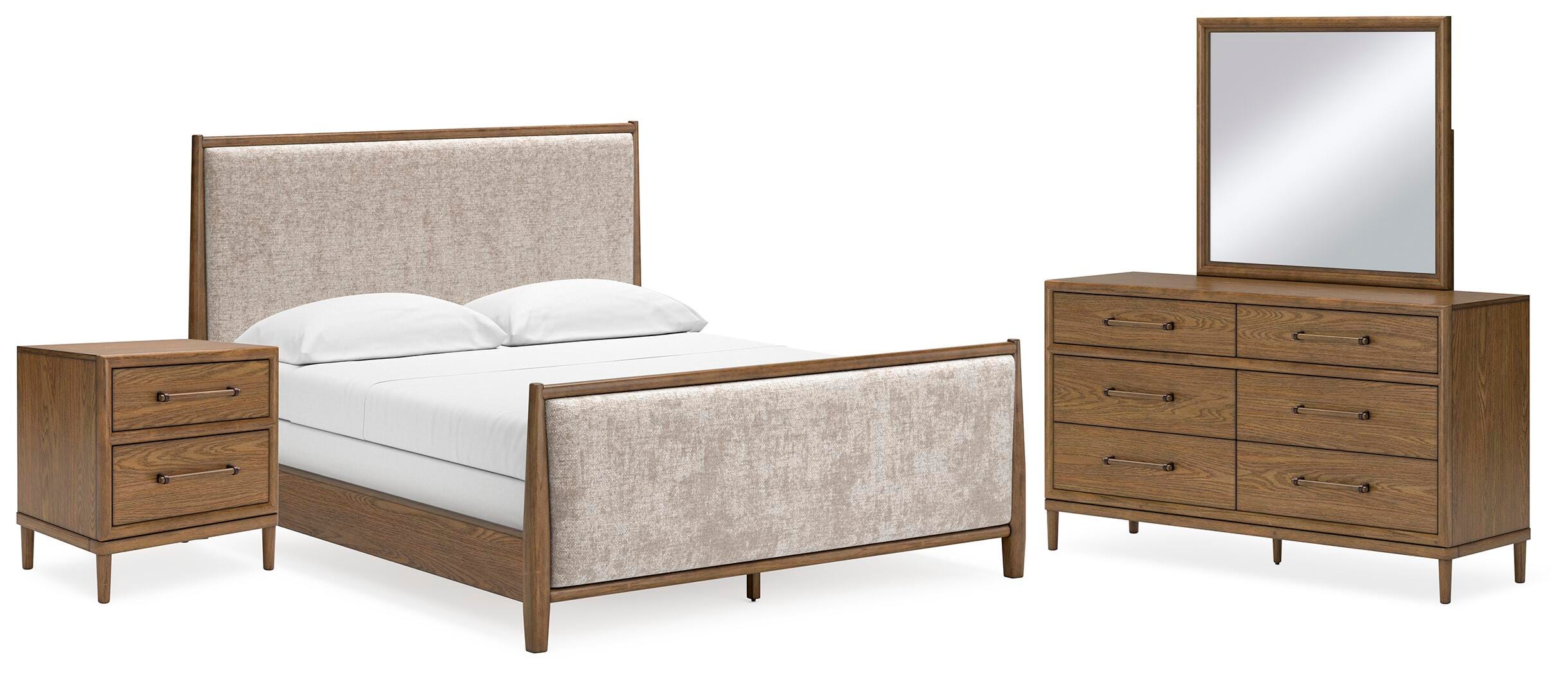 Roanhowe California King Upholstered Bed with Mirrored Dresser and Nightstand, , large