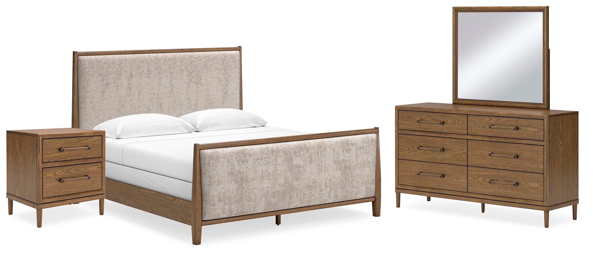 Roanhowe King Upholstered Bed with Mirrored Dresser and Nightstand, Brown, large