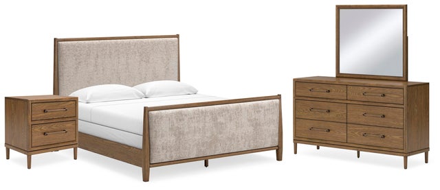 Roanhowe King Upholstered Bed with Mirrored Dresser and Nightstand