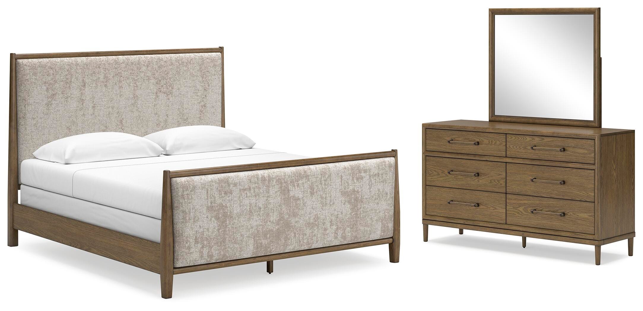 Roanhowe King Upholstered Bed, Dresser and Mirror - image 1