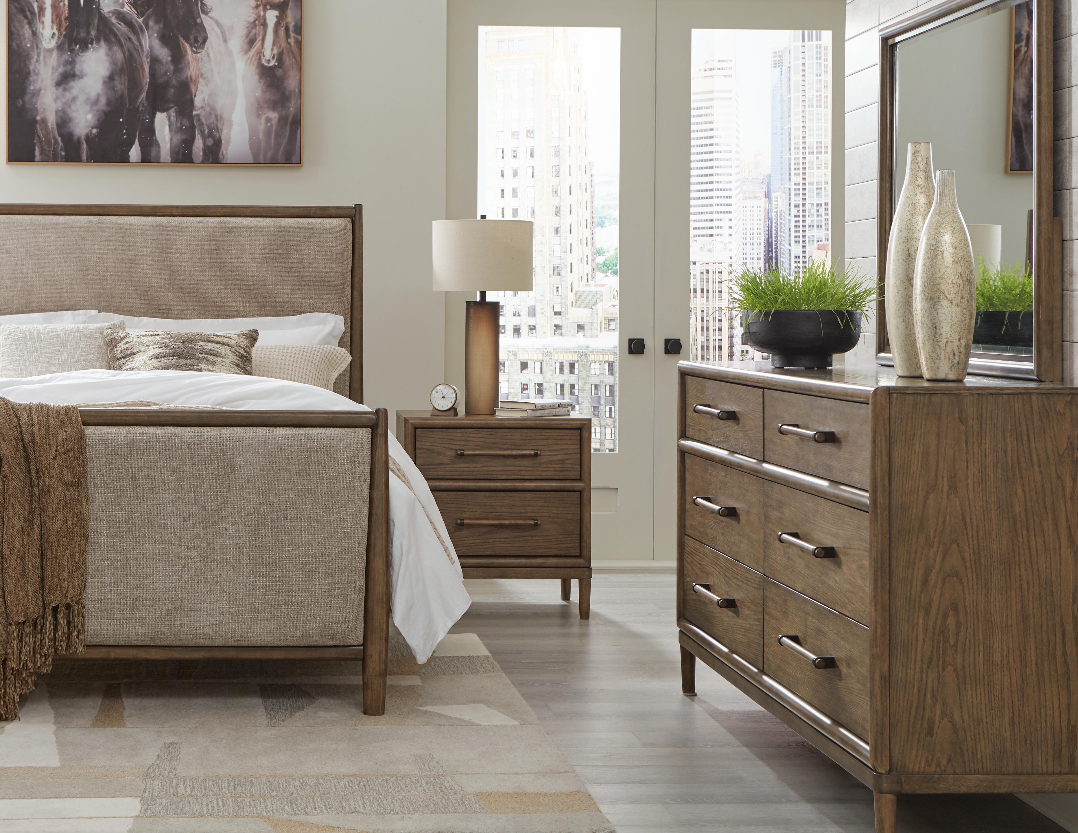 Roanhowe California King Upholstered Bed with Mirrored Dresser and Nightstand, , rollover