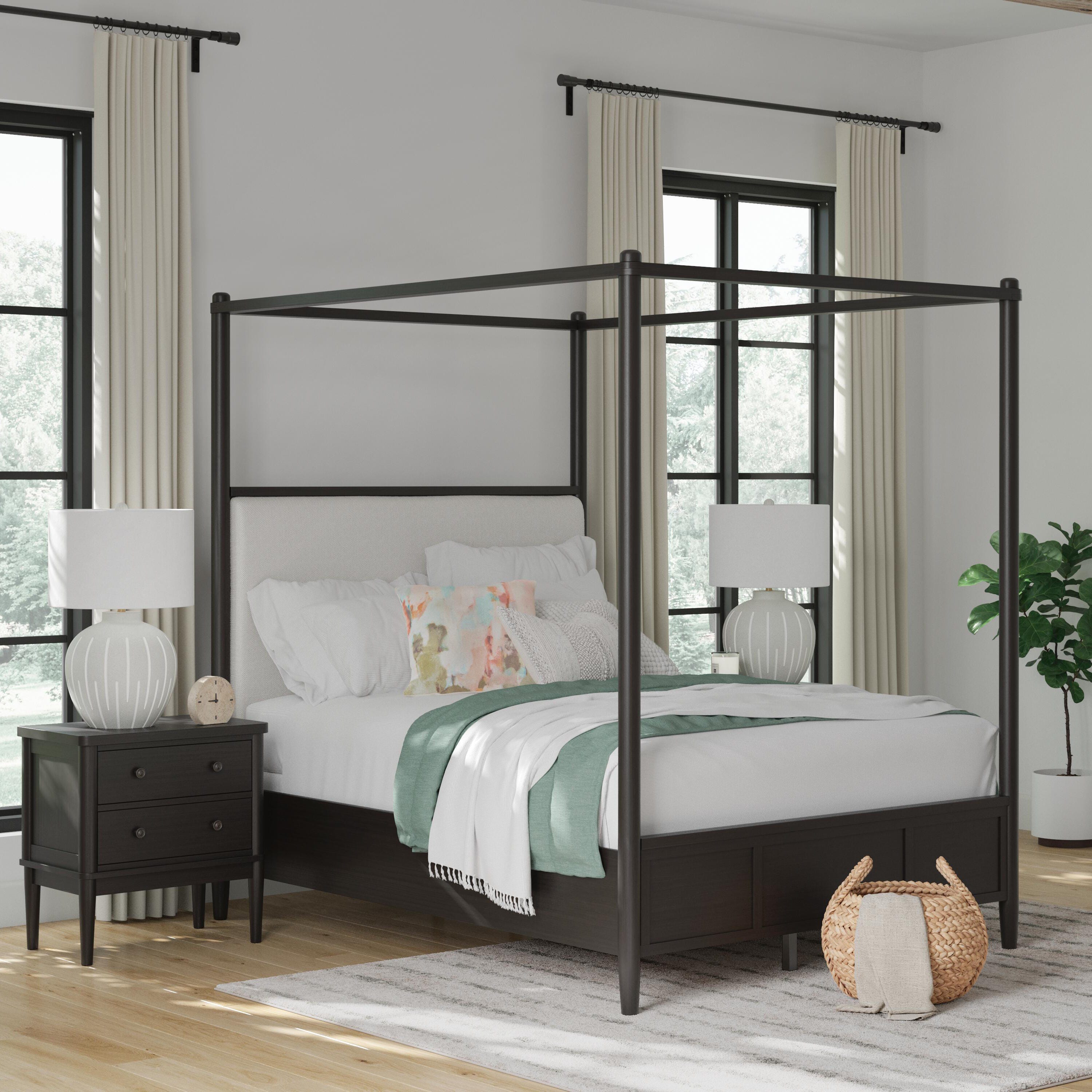 Portdown Queen Upholstered Canopy Bed, Black, rollover