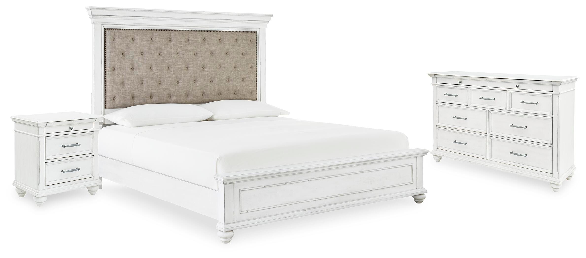 Cama tapizada tamaño Queen Kanwyn, cómoda y mesita de noche - image 1