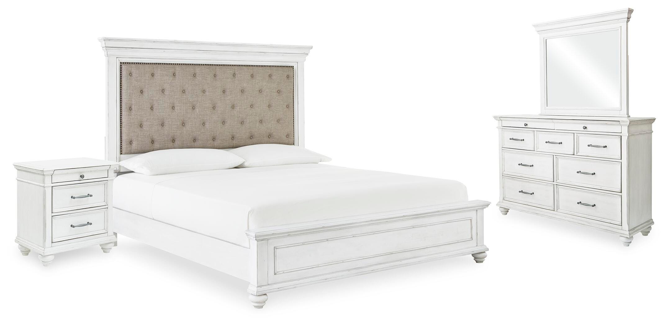 Cama Kanwyn Queen con panel tapizado, cómoda, espejo y mesita de noche - image 1