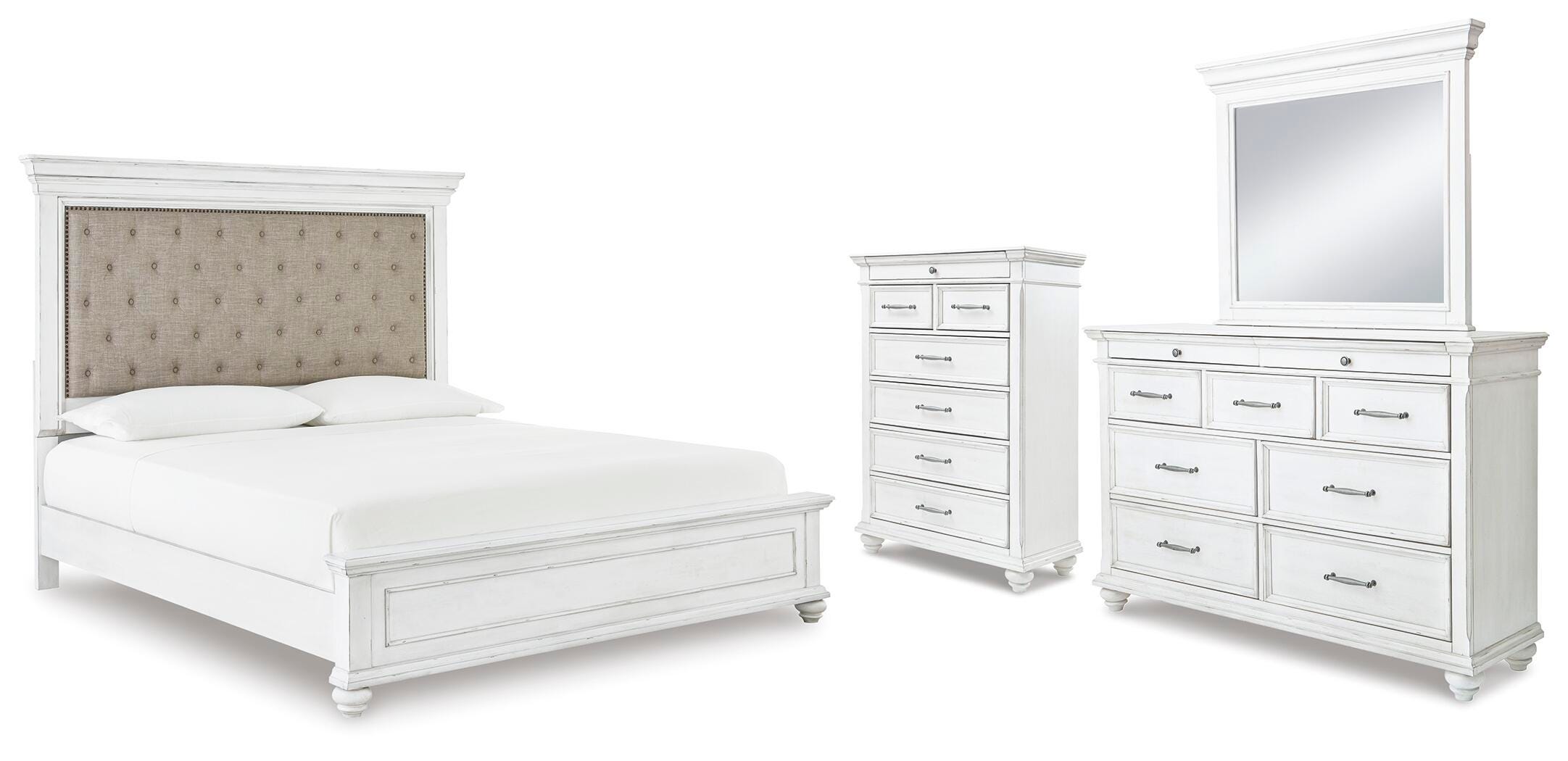 Cama con paneles tapizados Kanwyn Cal King, cómoda, espejo y baúl - image 1