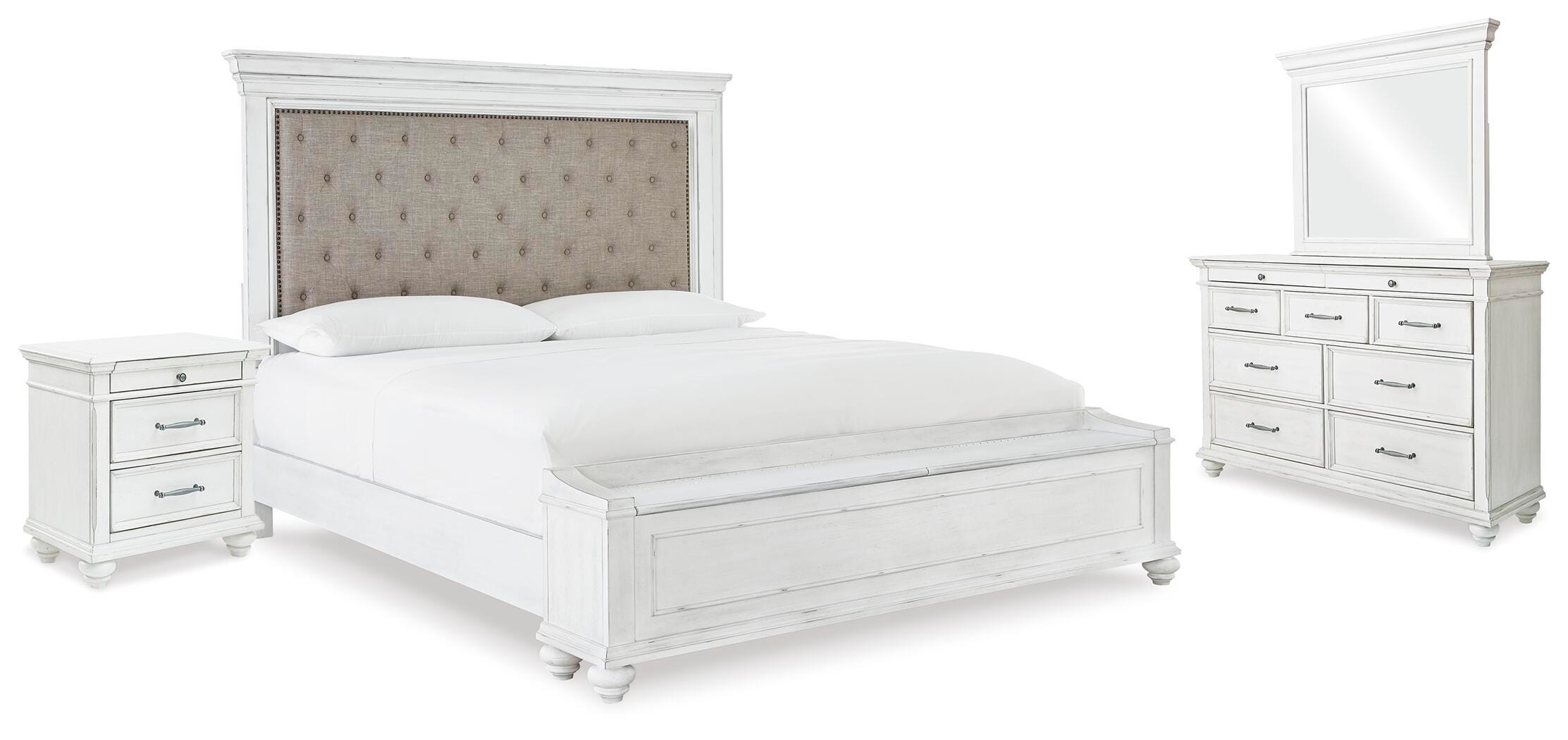 Cama tapizada Kanwyn King con almacenaje, cómoda, espejo y mesita de noche - image 1
