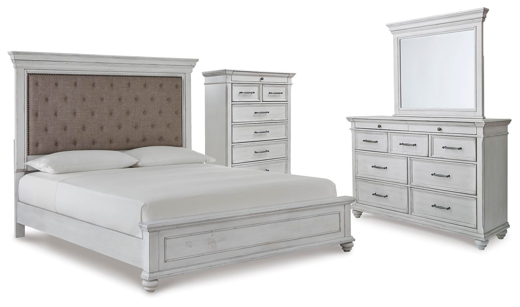 Cama Kanwyn King tapizada con panel, cómoda, espejo y cajonera - image 3