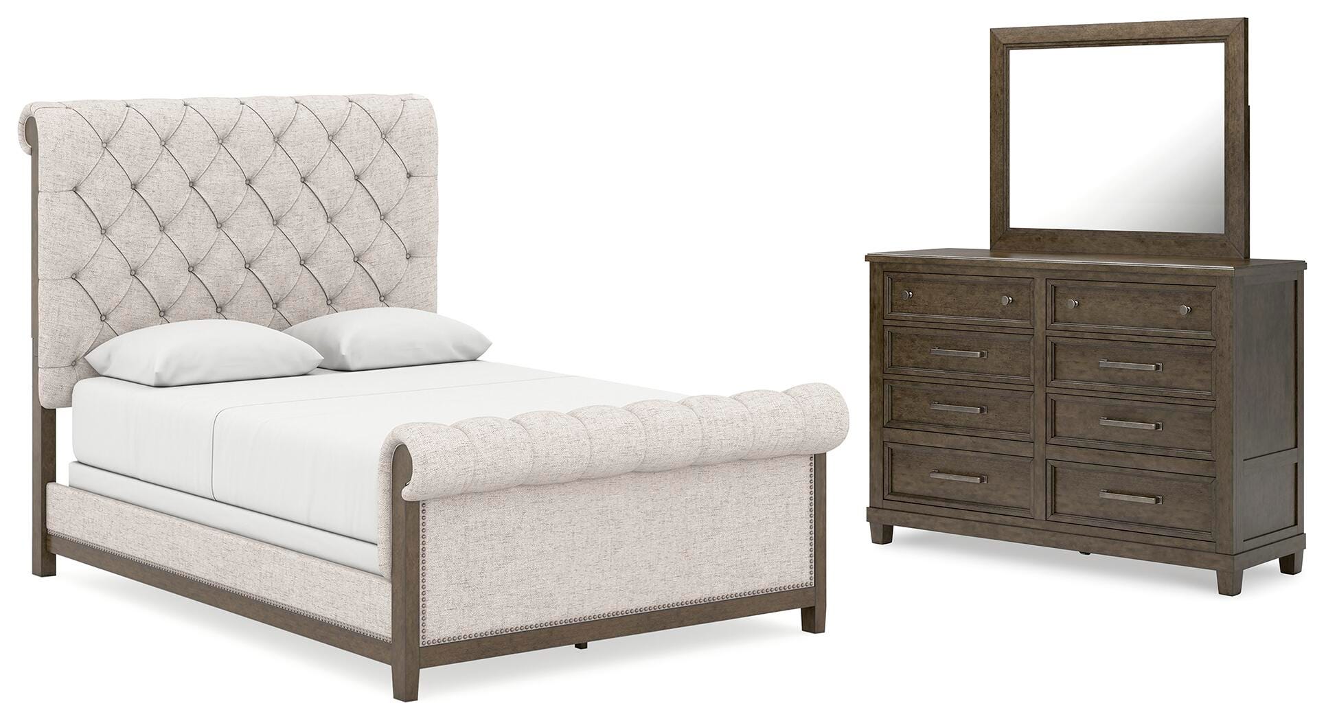 Hillcott Queen Upholstered Bed, Dresser and Mirror - image 1