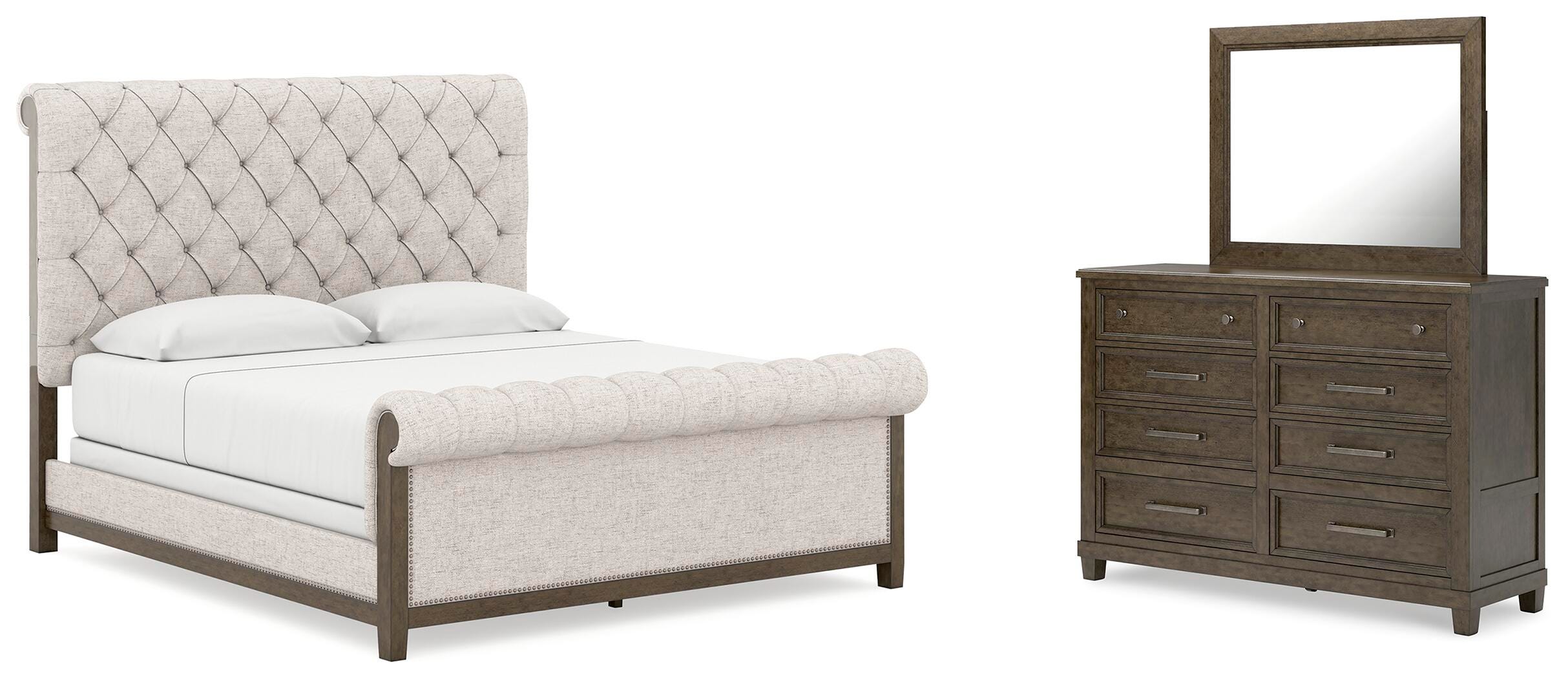 Hillcott King Upholstered Bed, Dresser and Mirror - image 1
