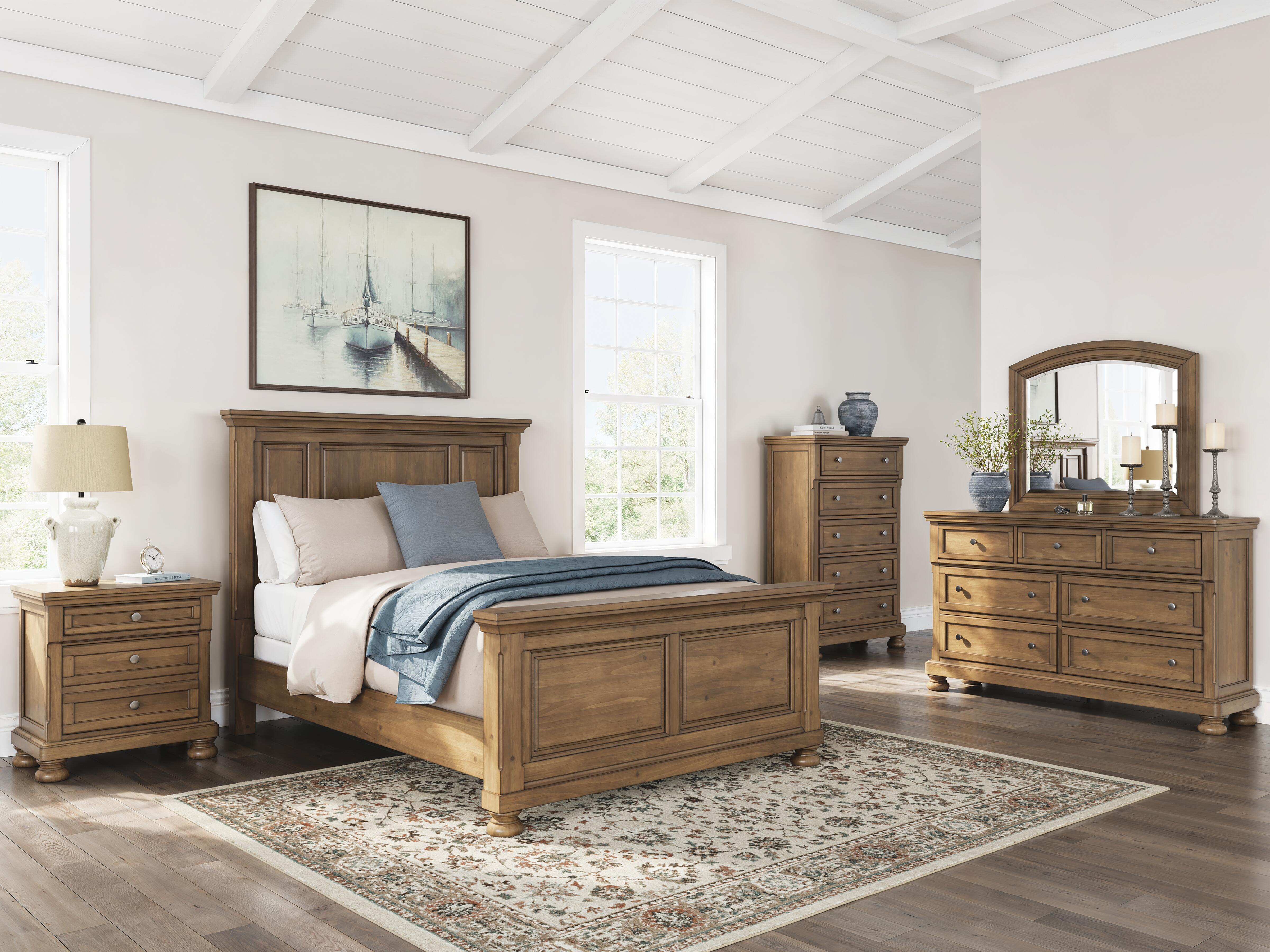 Vandenmore Queen Panel Bed with Mirrored Dresser, Chest and Nightstand, Medium Brown, rollover
