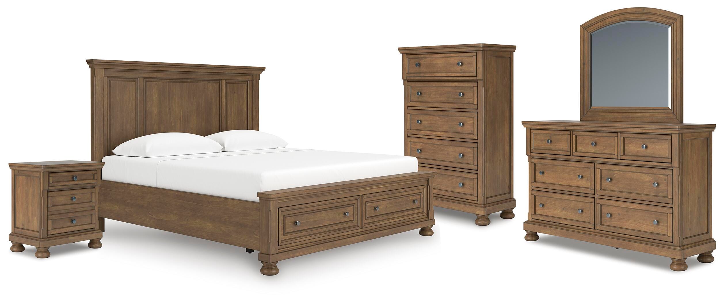 Cama con paneles, cómoda, espejo, cofre y mesita de noche Vandenmore King - image 1