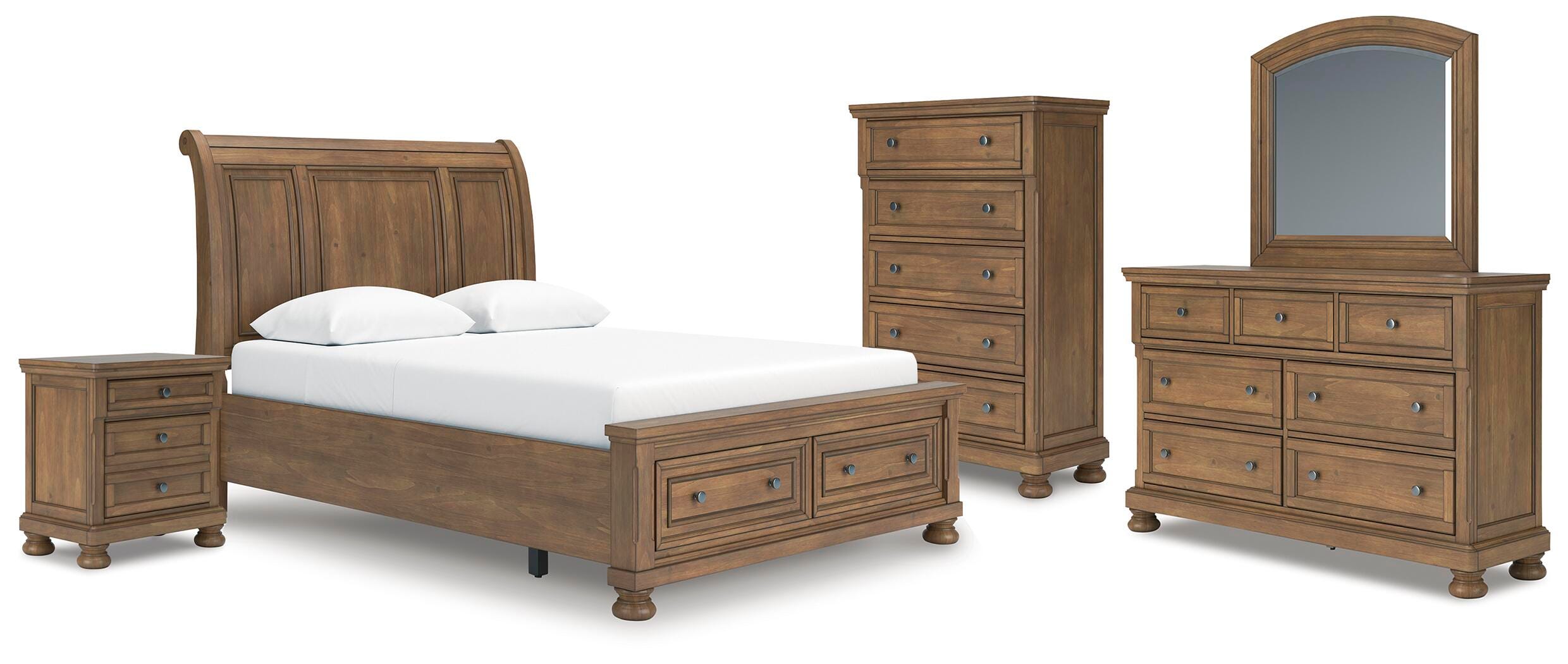 Cama tamaño Queen con trineo, cómoda, espejo, baúl y mesita de noche Vandenmore - image 1