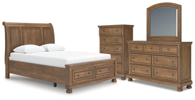 Vandenmore Queen Storage Sleigh Bed with Mirrored Dresser and Chest