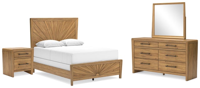 Takston Queen Panel Bed with Mirrored Dresser and Nightstand