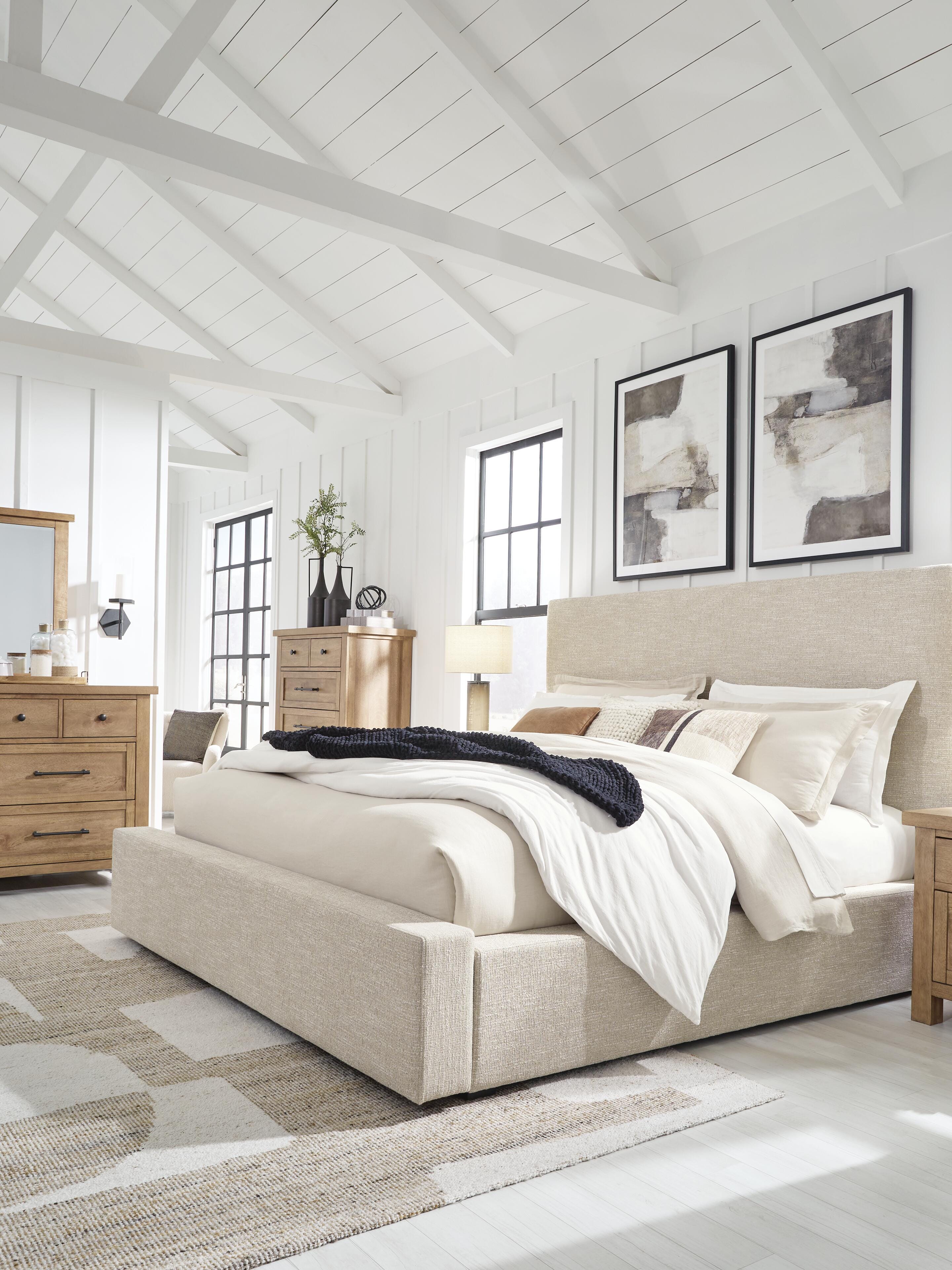 Kristiland Queen Upholstered Storage Bed with Dresser and Nightstand, Light Brown, large