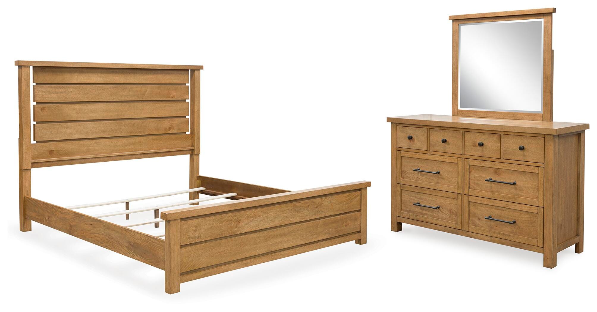 Kristiland California King Panel Bed with Mirrored Dresser, Light Brown, large