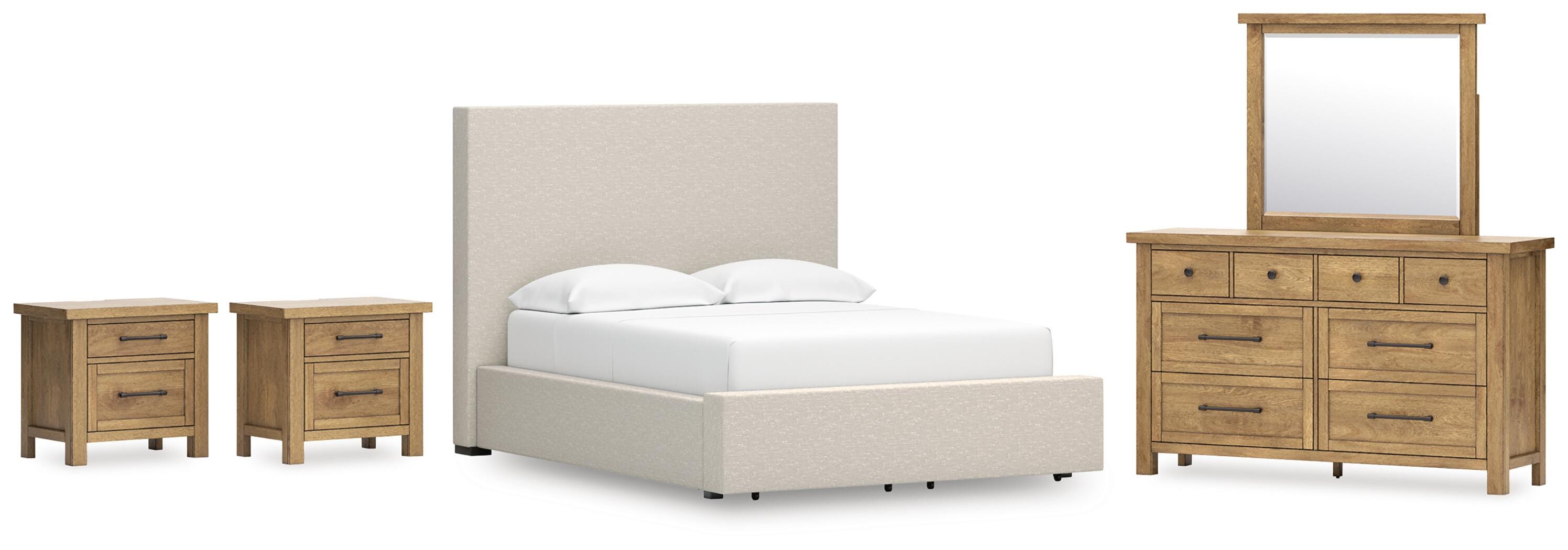 Kristiland Queen Upholstered Storage Bed with Mirrored Dresser and 2 Nightstand, Light Brown