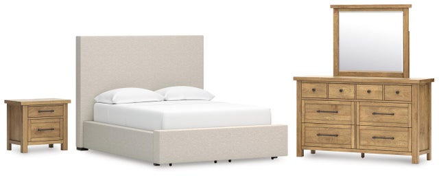 Kristiland Queen Upholstered Storage Bed with Mirrored Dresser and Nightstand