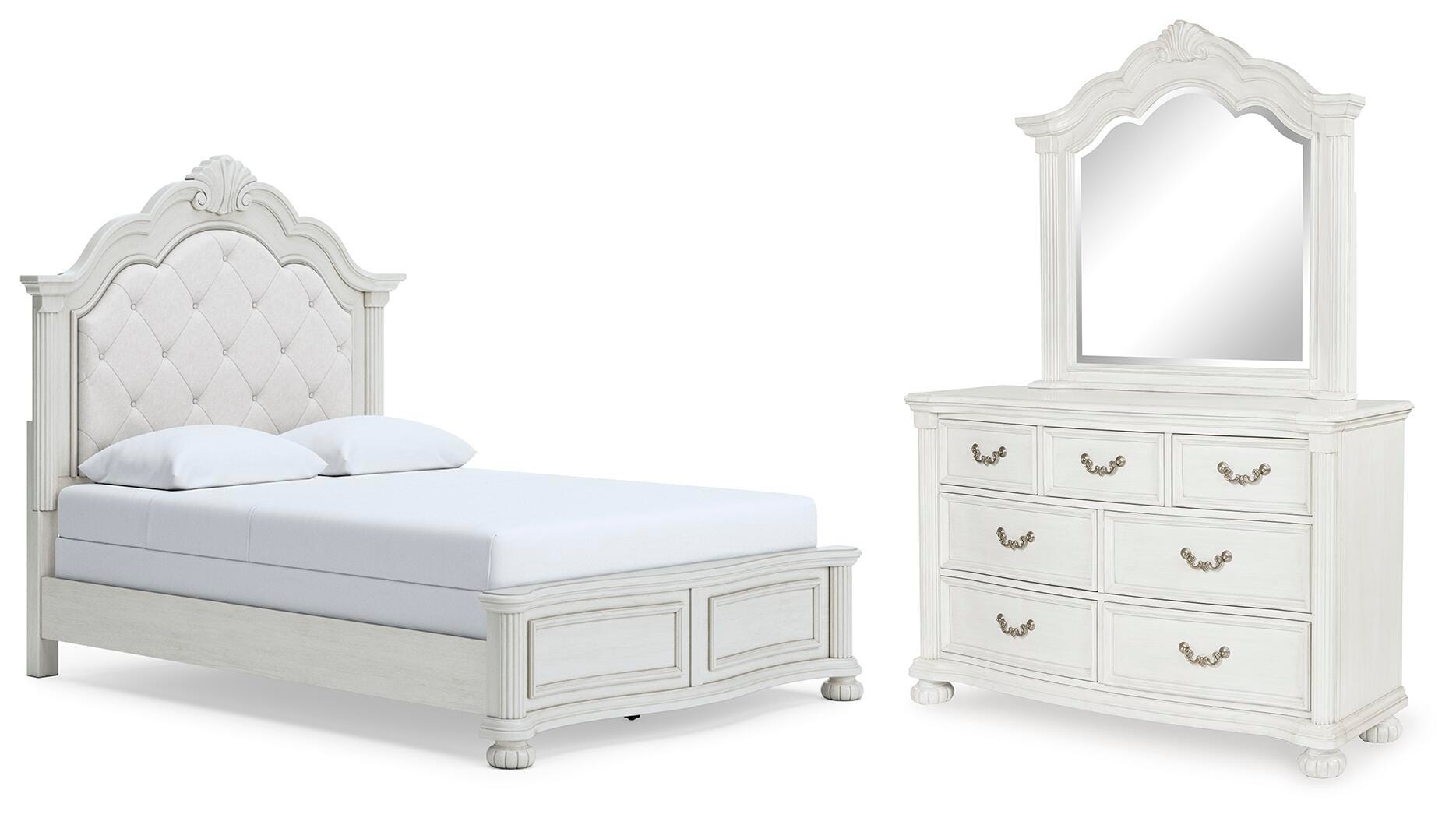 Montelaine Queen Upholstered Panel Bed, Dresser and Mirror - image 1