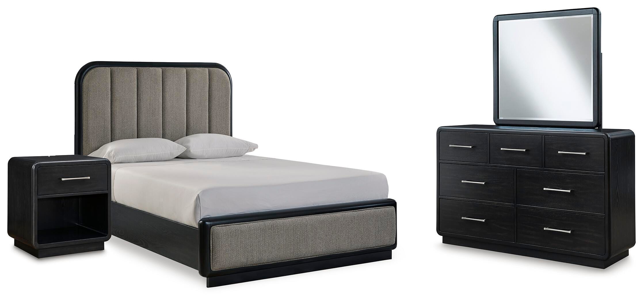 Rowanbeck Queen Upholstered Panel Bed, Dresser, Mirror and Nightstand - image 1