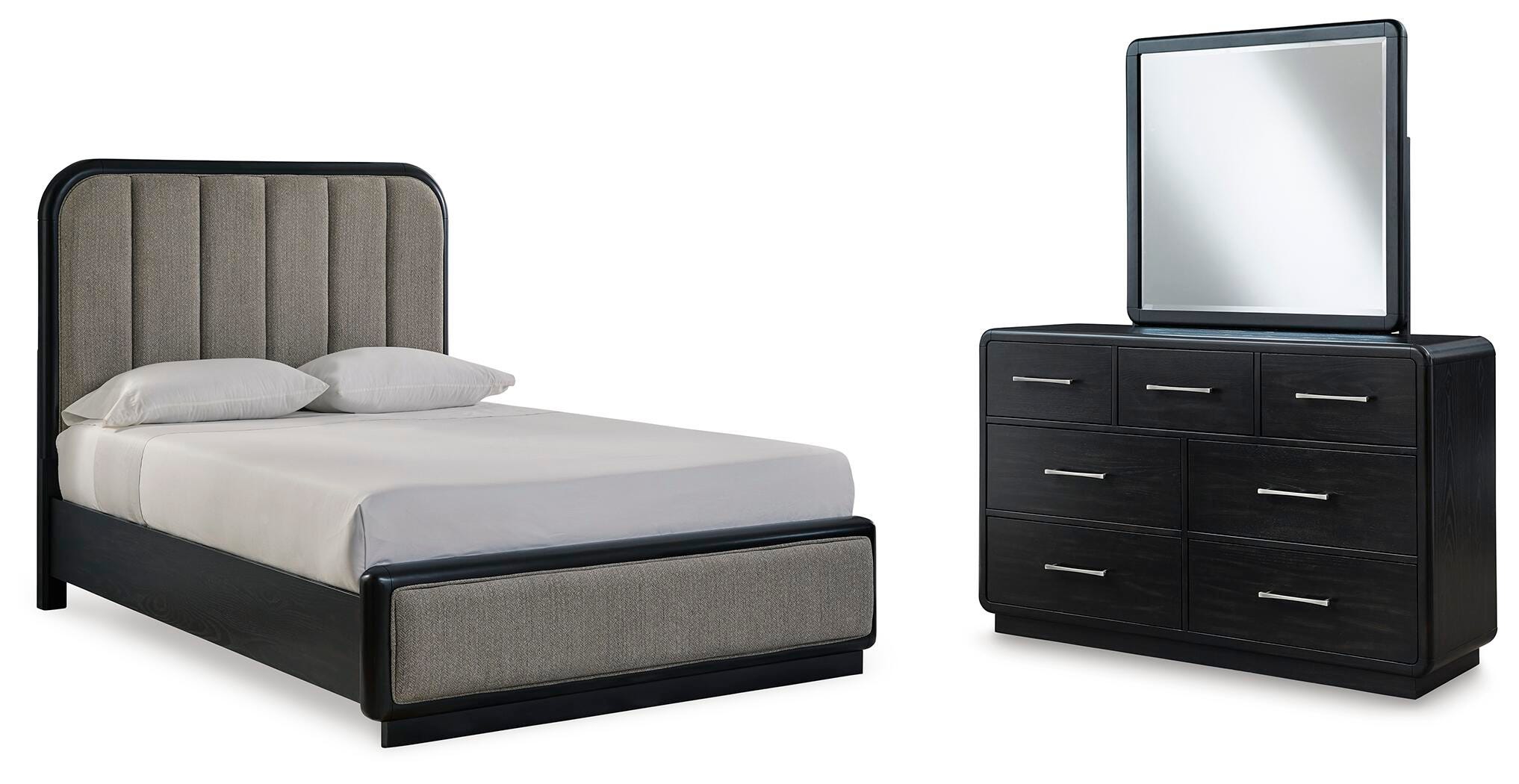 Rowanbeck Queen Upholstered Panel Bed, Dresser and Mirror - image 1