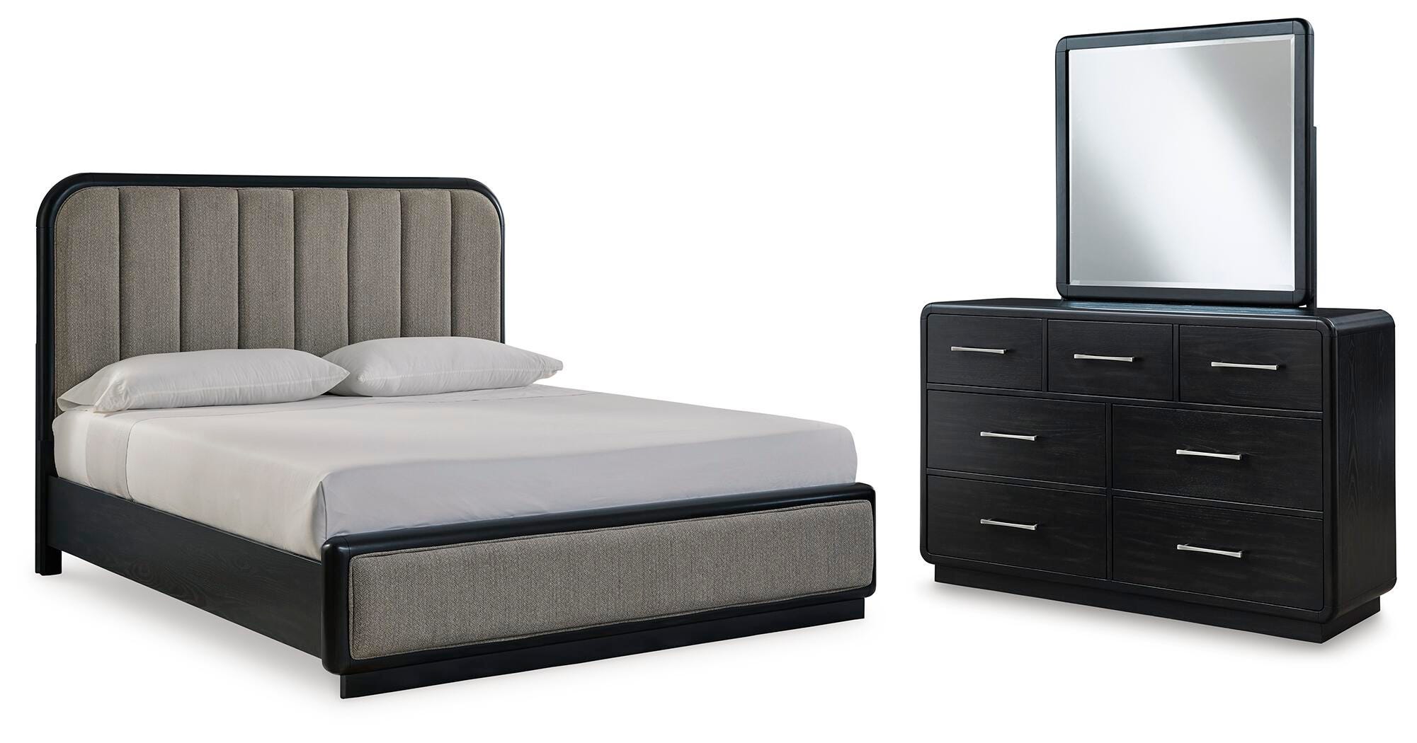 Rowanbeck King Upholstered Panel Bed, Dresser and Mirror - image 1