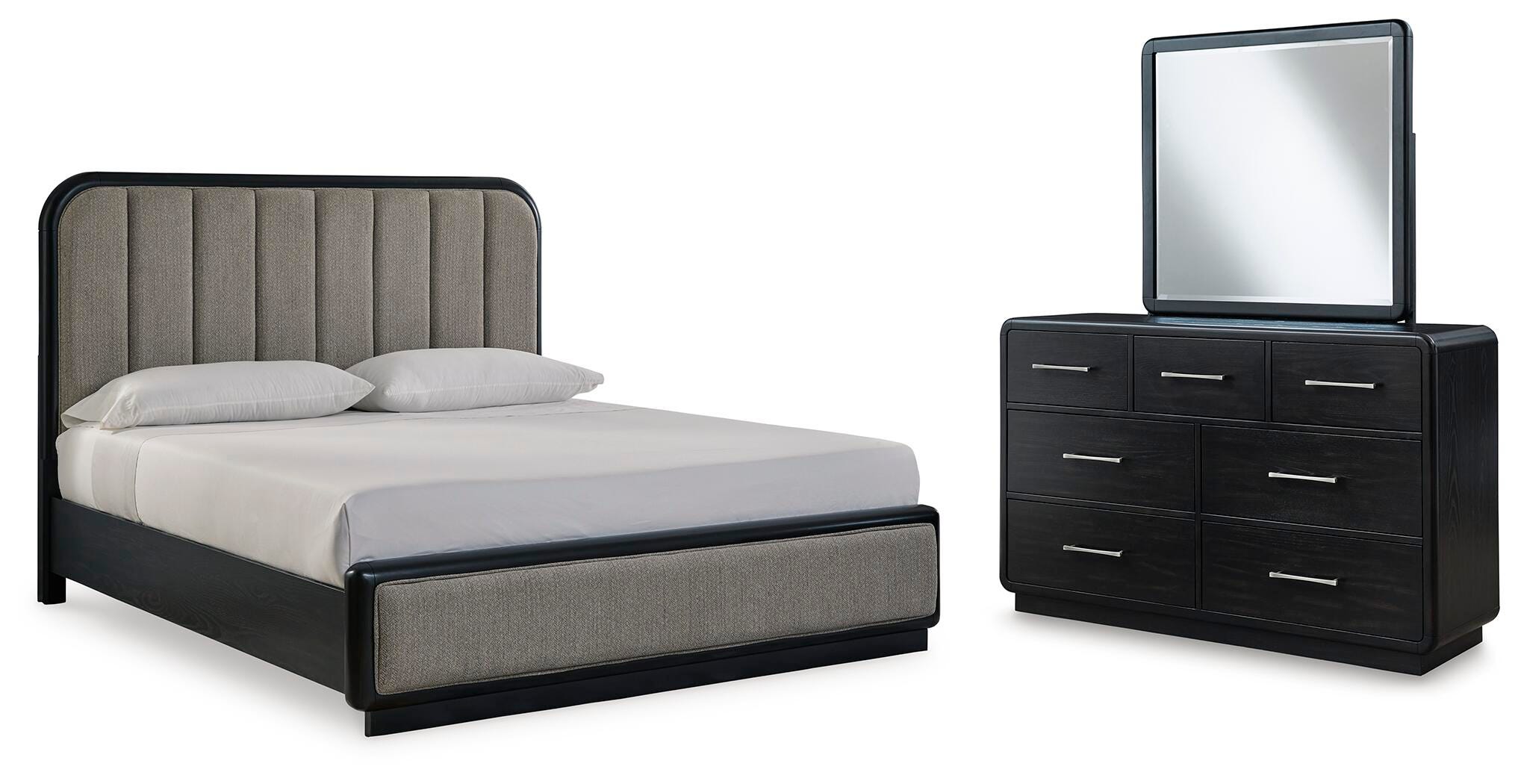 Cama tapizada con paneles, tocador y espejo Rowanbeck California King - image 1