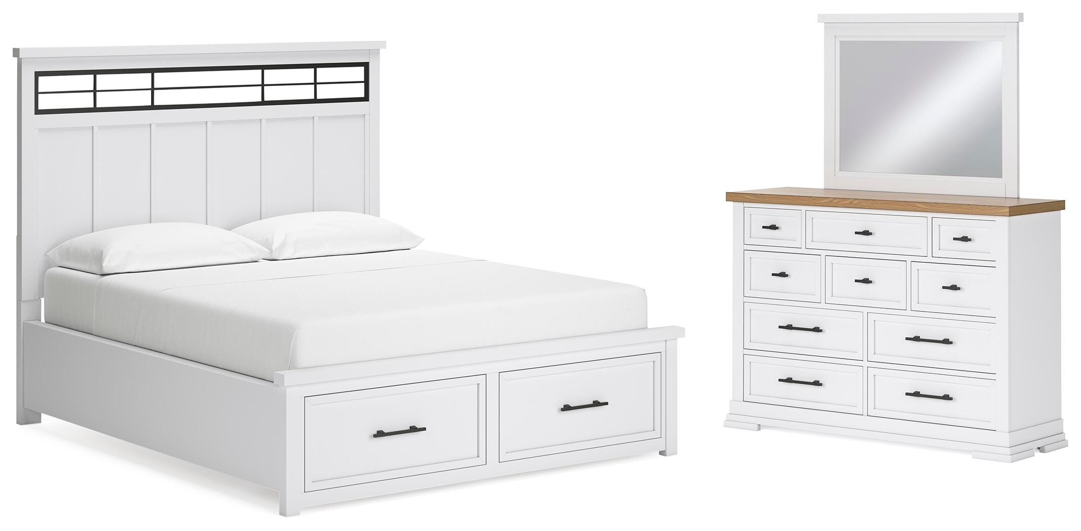 Cama Ashbryn California King con panel de almacenaje, cómoda y espejo - image 1