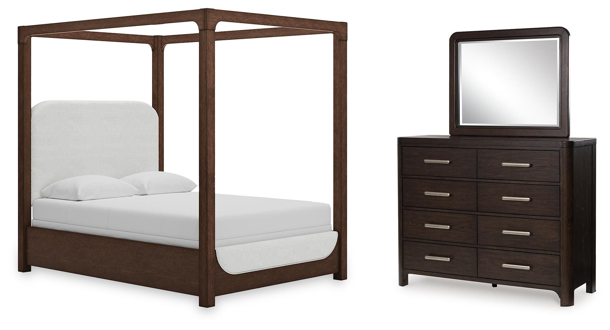 Breckington Queen Upholstered Canopy Bed, Dresser and Mirror - image 1