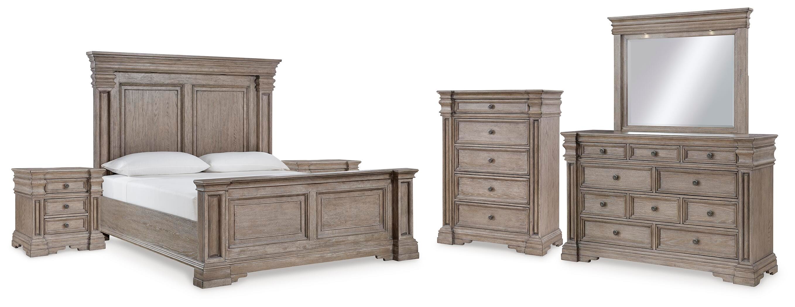 Blairhurst Queen Panel Bed with Mirrored Dresser, Chest and 2 Nightstands, Light Grayish Brown, large