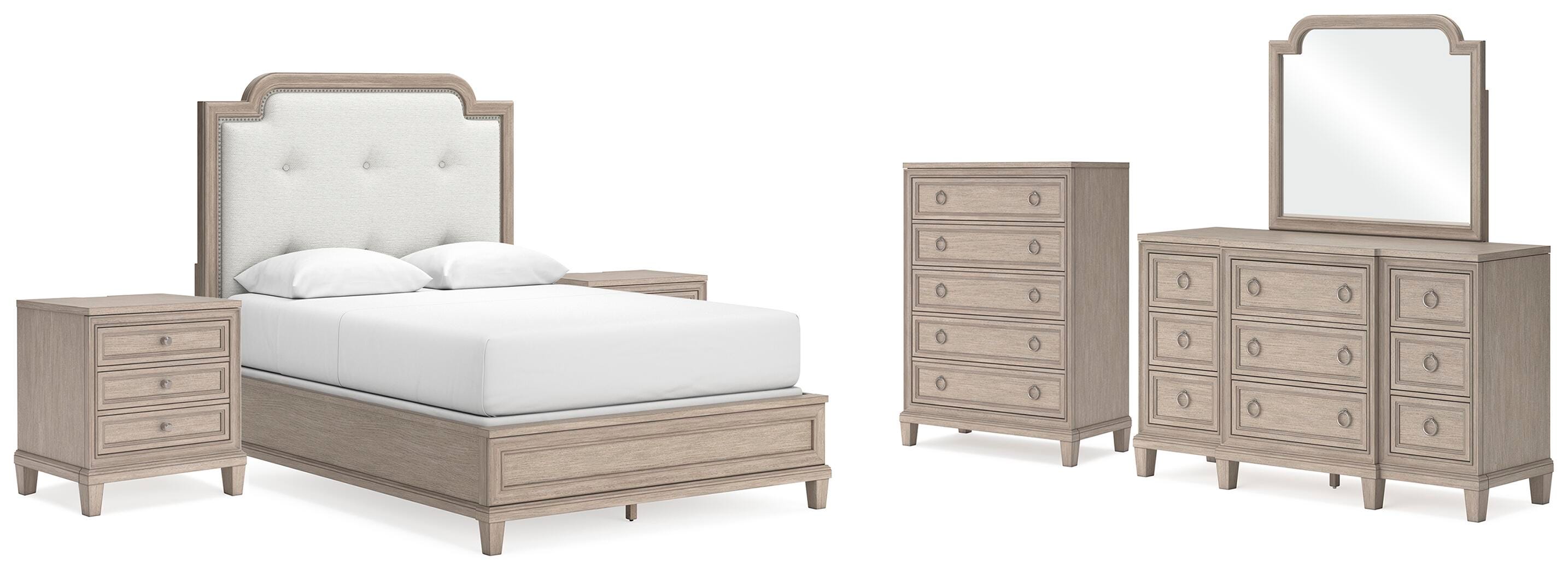 Jorlaina Queen Upholstered Panel Bed with Mirrored Dresser, Chest and 2 Nightstands, Light Grayish Brown, large