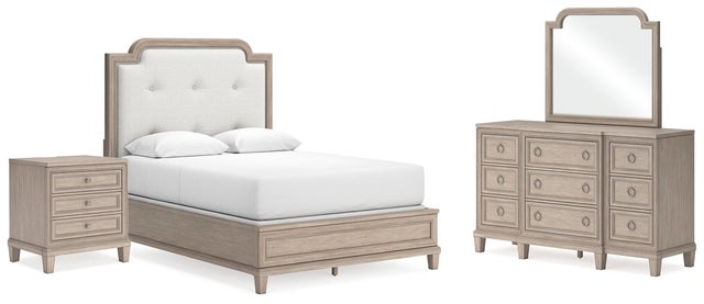 Jorlaina Queen Upholstered Panel Bed with Mirrored Dresser and Nightstand