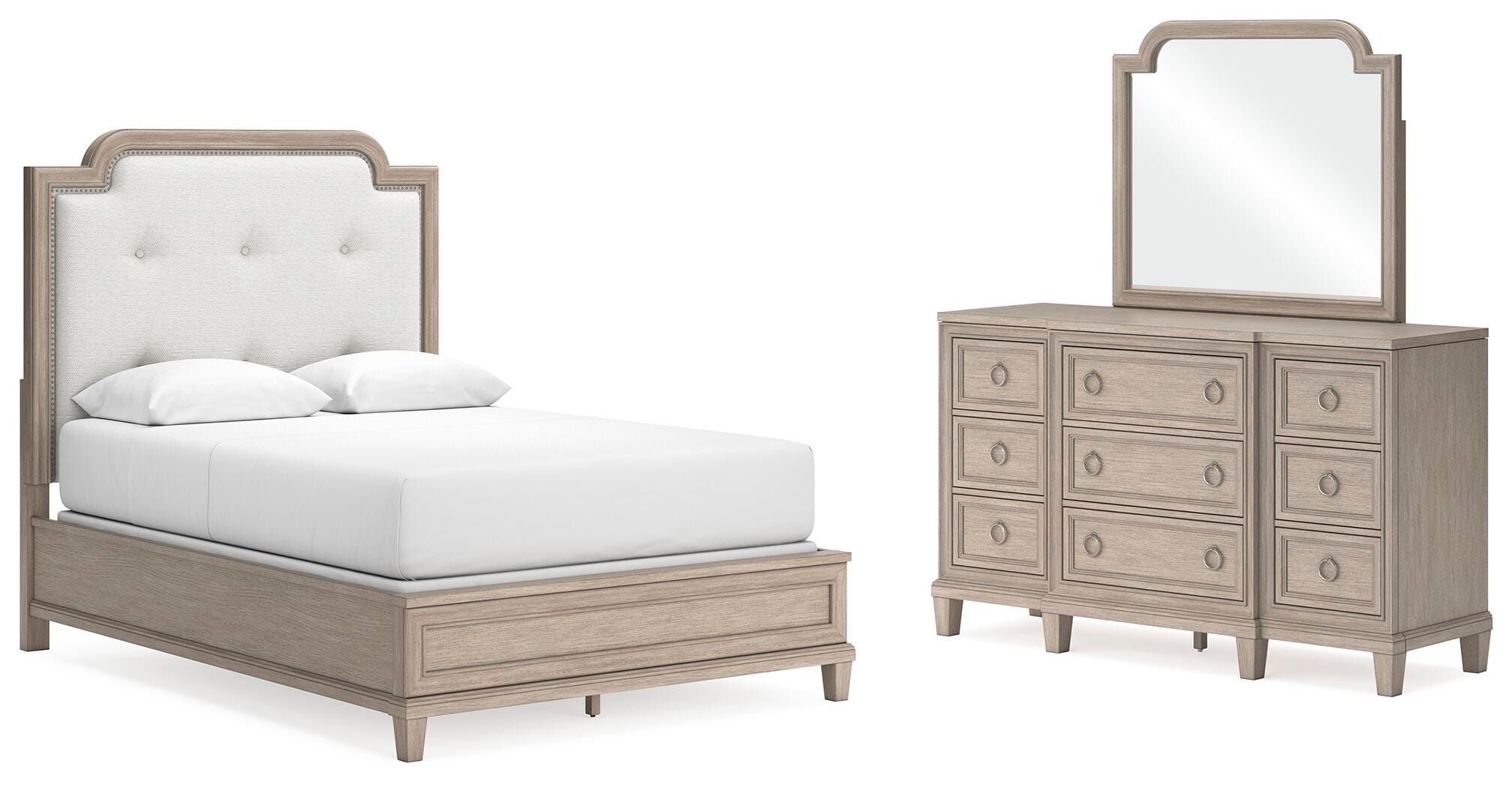 Jorlaina Queen Upholstered Panel Bed, Dresser and Mirror - image 1